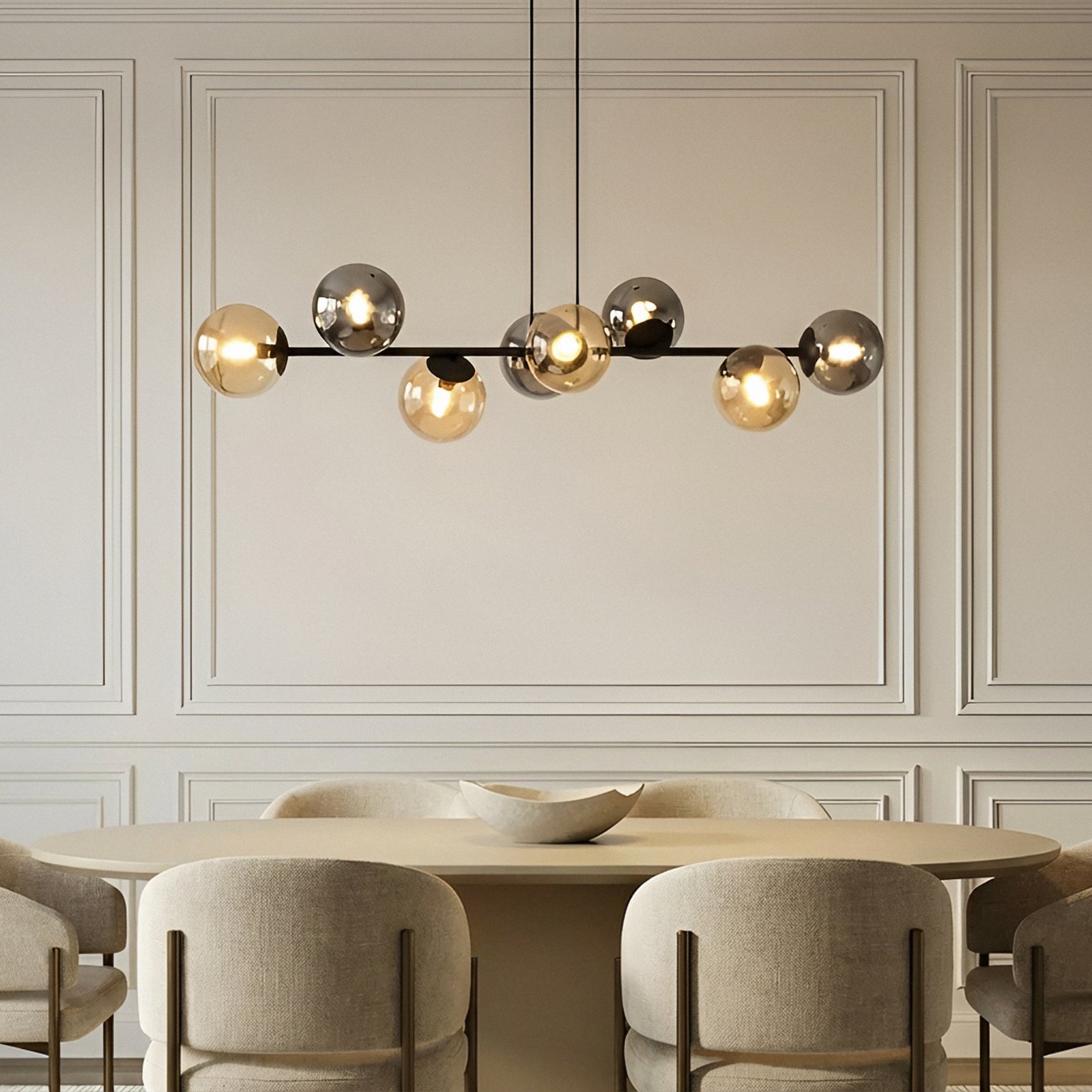 Lampă suspendată Lindby Isamer, gri fum/ambar, 130 cm, glob