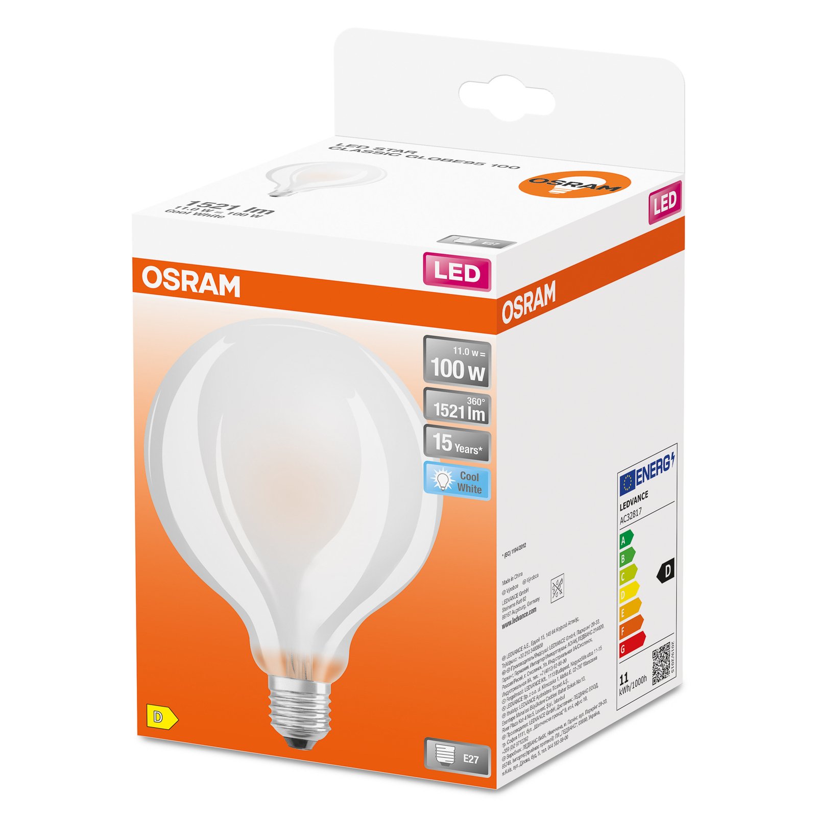 OSRAM globe LED bulb E27 G95 11 W 4,000 K matt