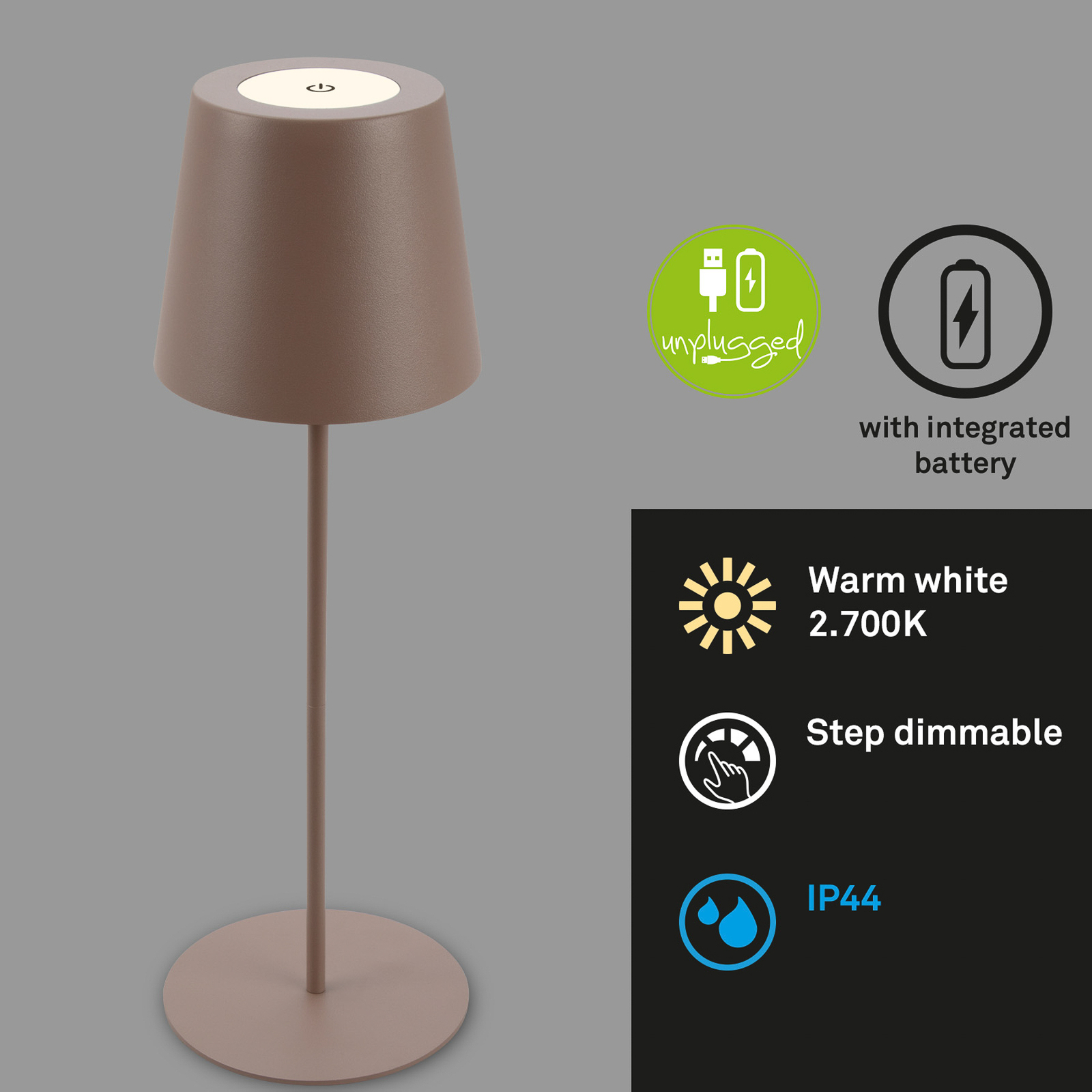 Lampe de table LED rechargeable 7508012, brun, 2.700 K IP44 Touchdimmer