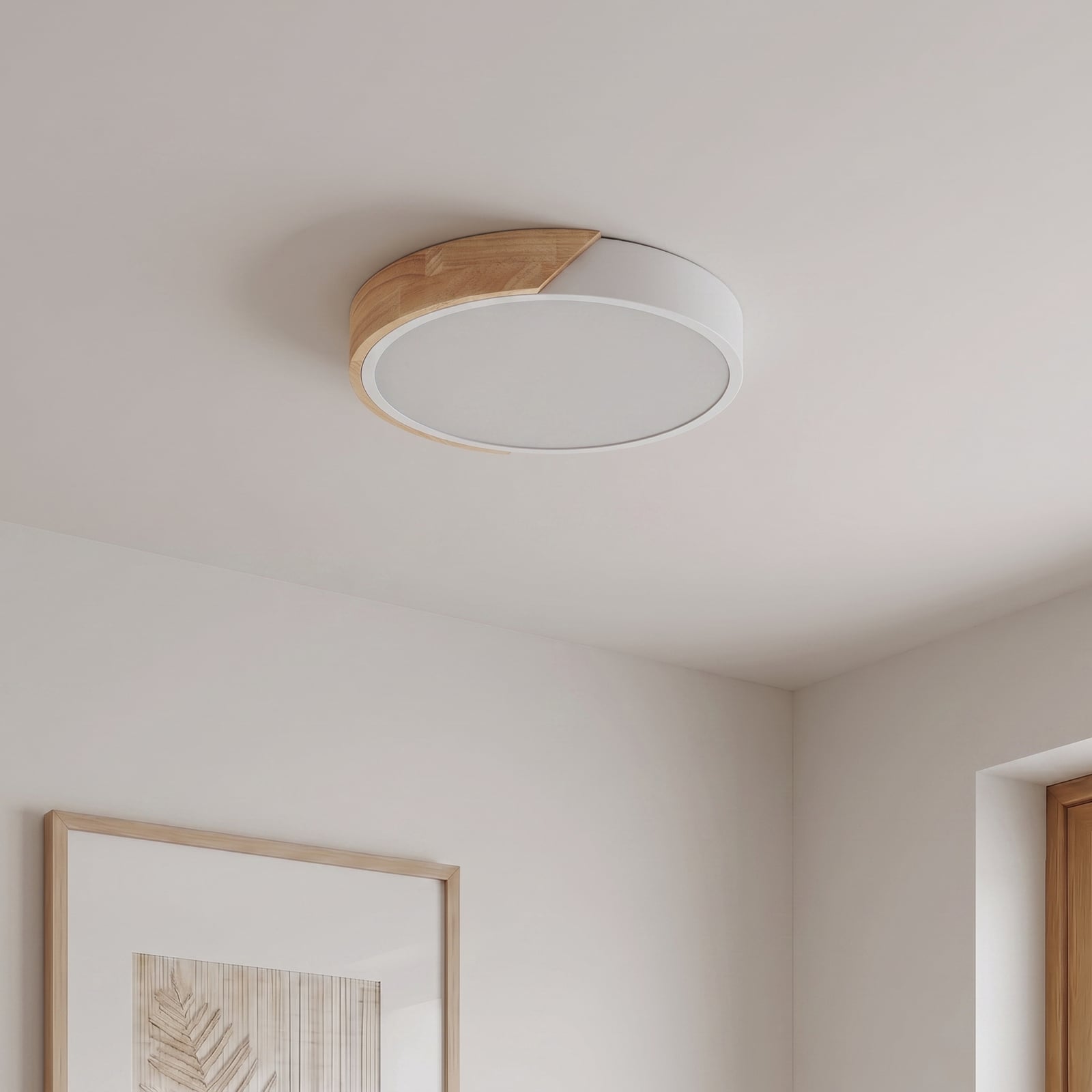 Plafón LED Lynorri de PRIOS, Ø 32 cm, blanco, acabado en madera Plafón LED Lynorri de PRIOS, Ø 32 cm, blanco, acabado en madera