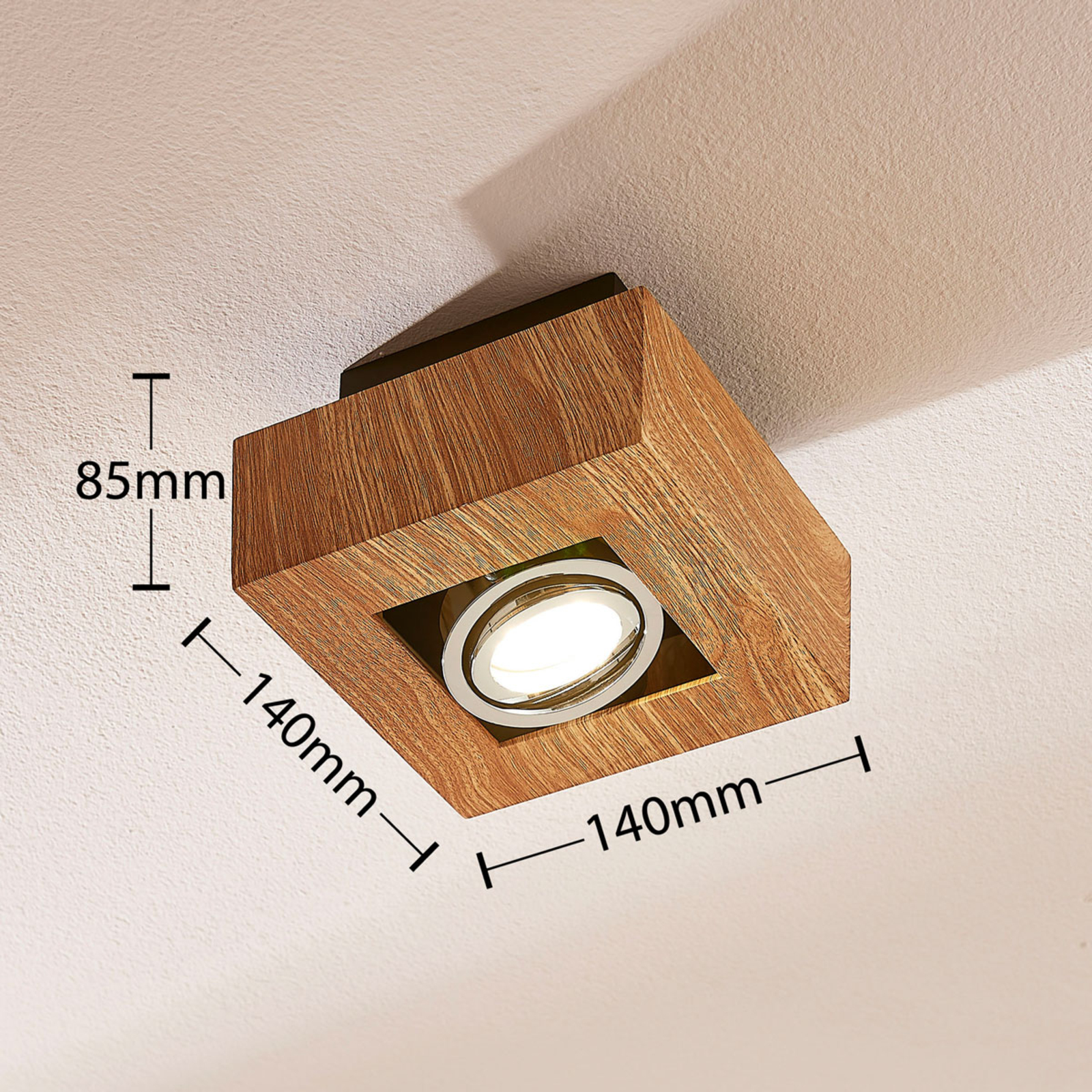 Vince LED ceiling light, 14 x 14 cm, wooden optic