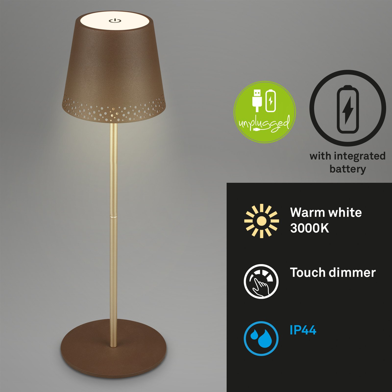 LED stolní lampa Kiki s baterií 3000K, hnědá/zlatá
