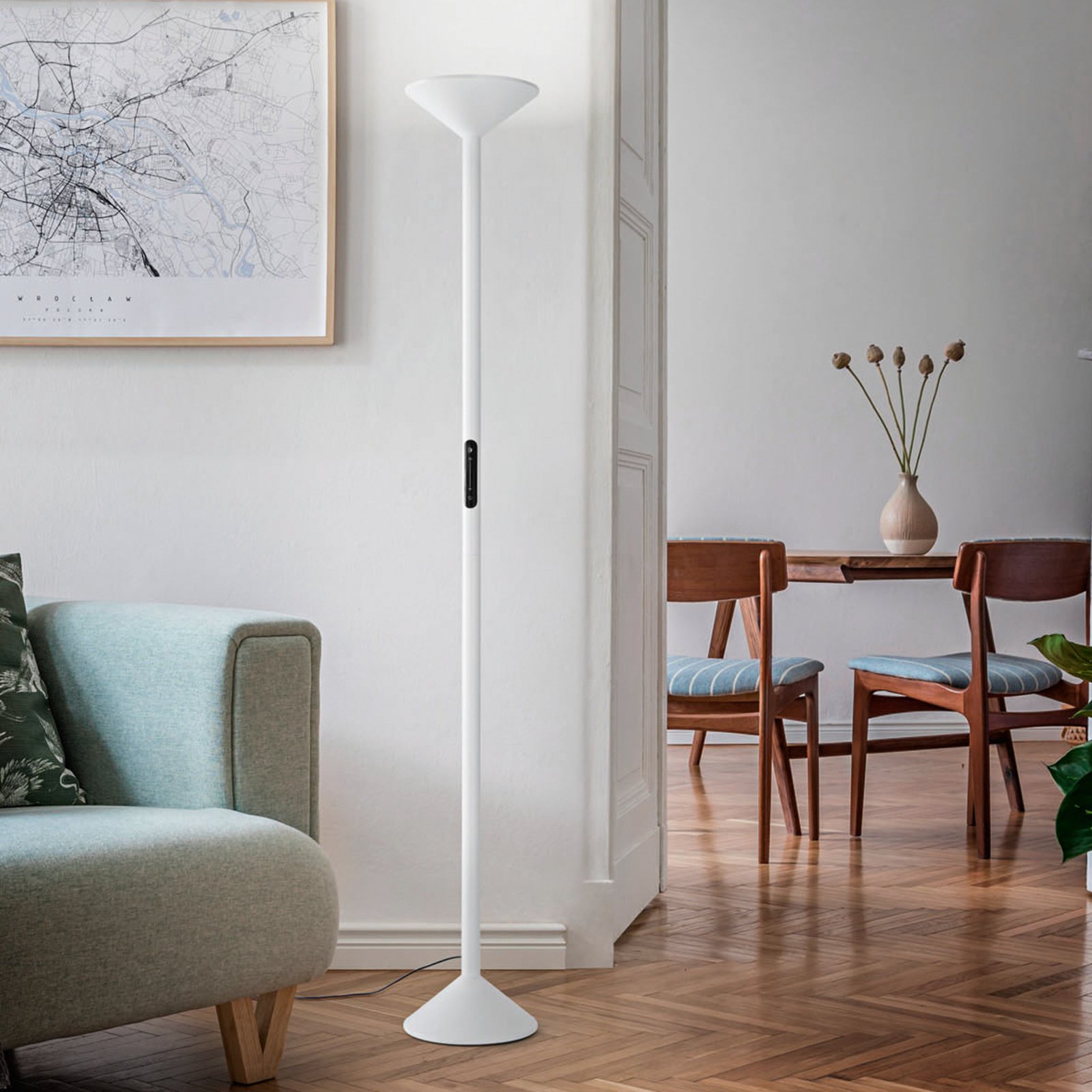 Tratto LED floor lamp, white, metal, CCT, dimmable