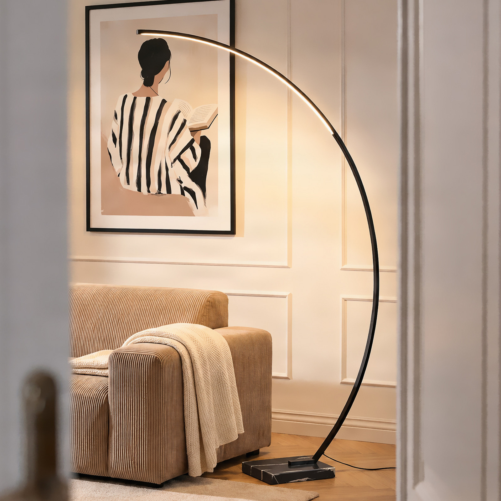 Lindby LED дъгообразна подова лампа Kendra, черна, алуминий, височина 180 см