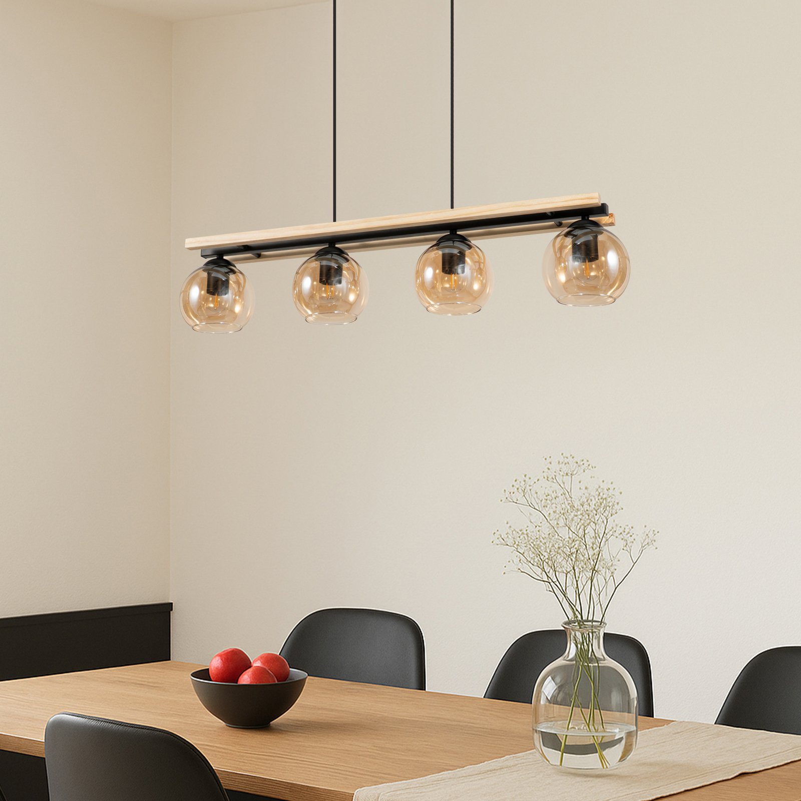 Lindby hanglamp Enrique, amber, 4-lamps, glas, hout, E27 Lindby hanglamp Enrique, amber, 4-lamps, glas, hout, E27