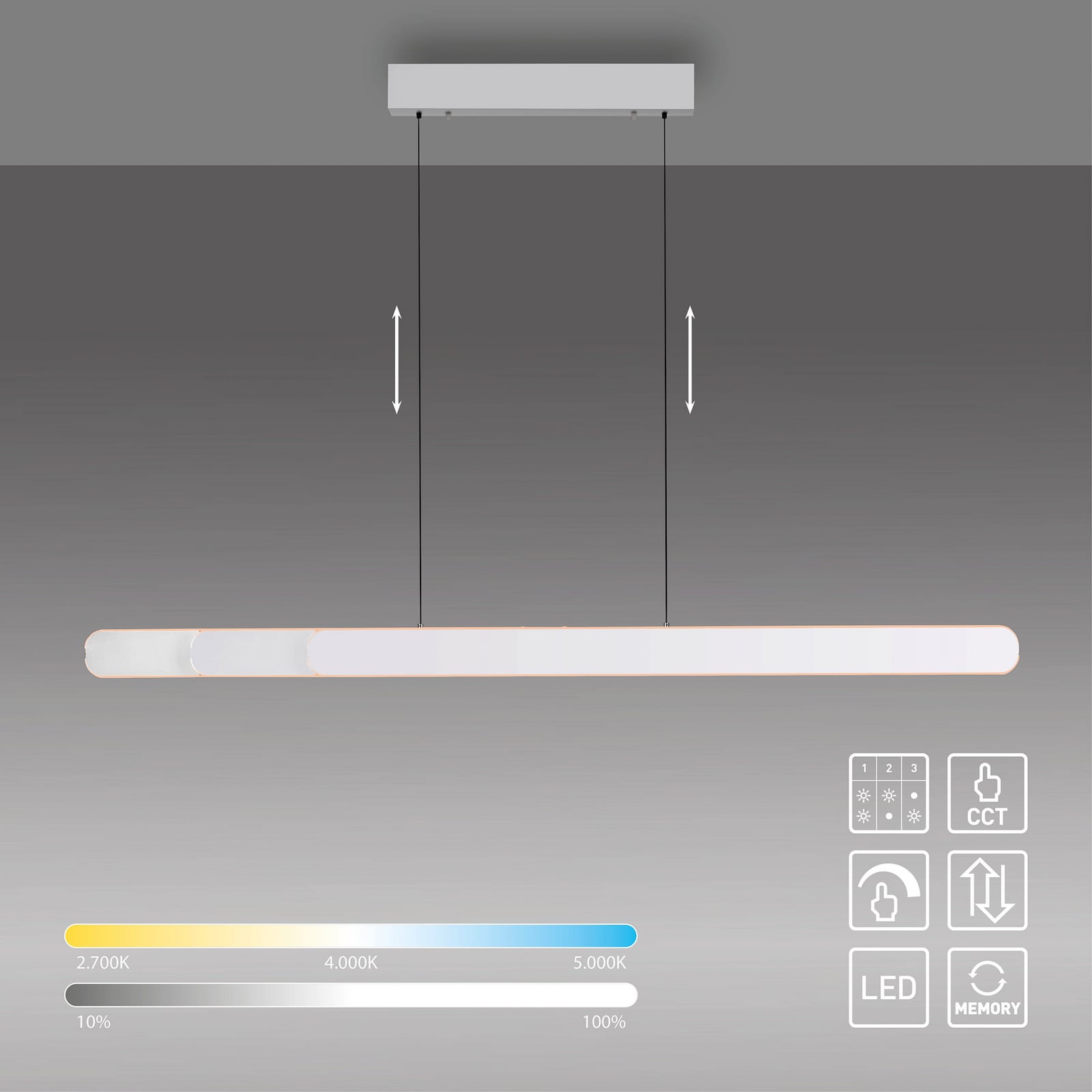 Lámpara colgante LED ADRIANA ROUND, blanca, longitud 160 cm, metal CCT