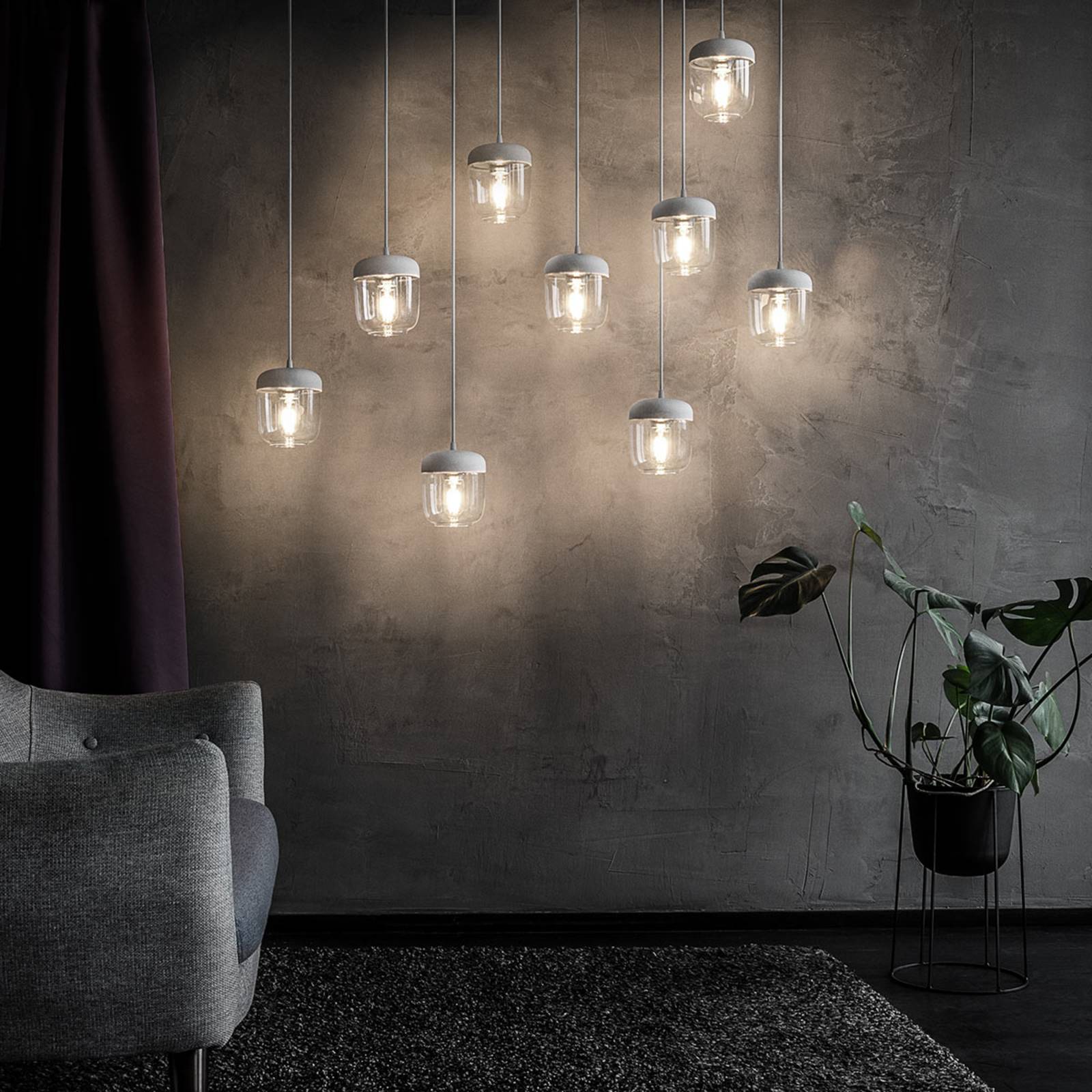 UMAGE Acorn hanging lamp white/steel, one-bulb, for Living / Dining Room, glass, silicone, aluminium, plastic, E27, 15 W, energy efficiency: A++, H: 16 cm