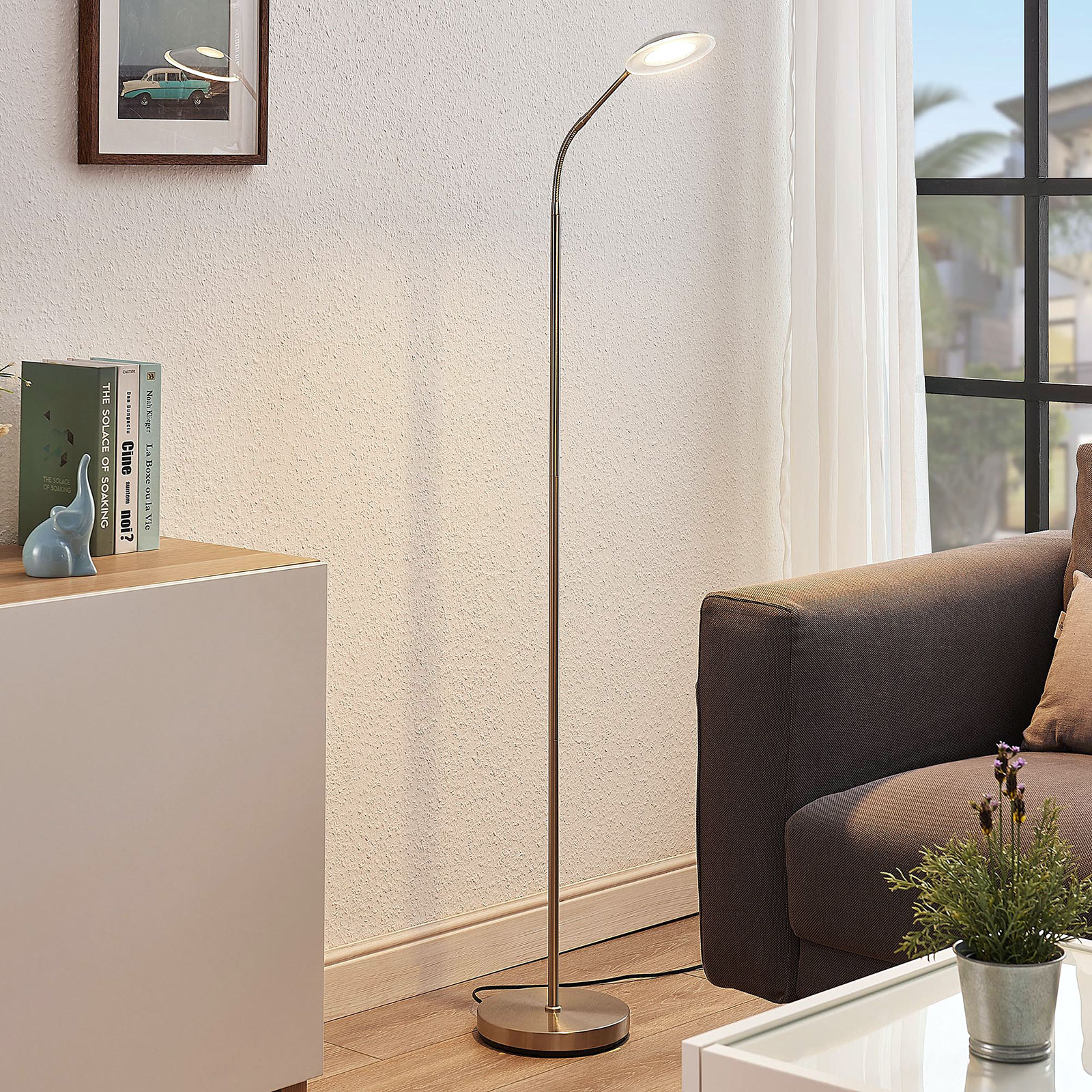 Lindby Meghan LED reading lamp, adjustable, nickel, for Living / Dining Room, iron, glass, polycarbonate, 5 W, energy efficiency: A+, H: 144 cm