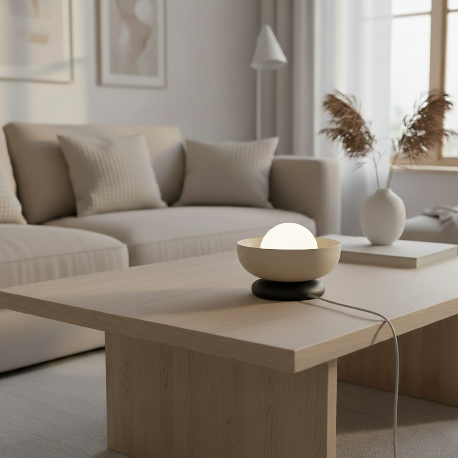 Lámpara de mesa Ozzy LN1, beige, acero/vidrio, altura 13 cm, G9