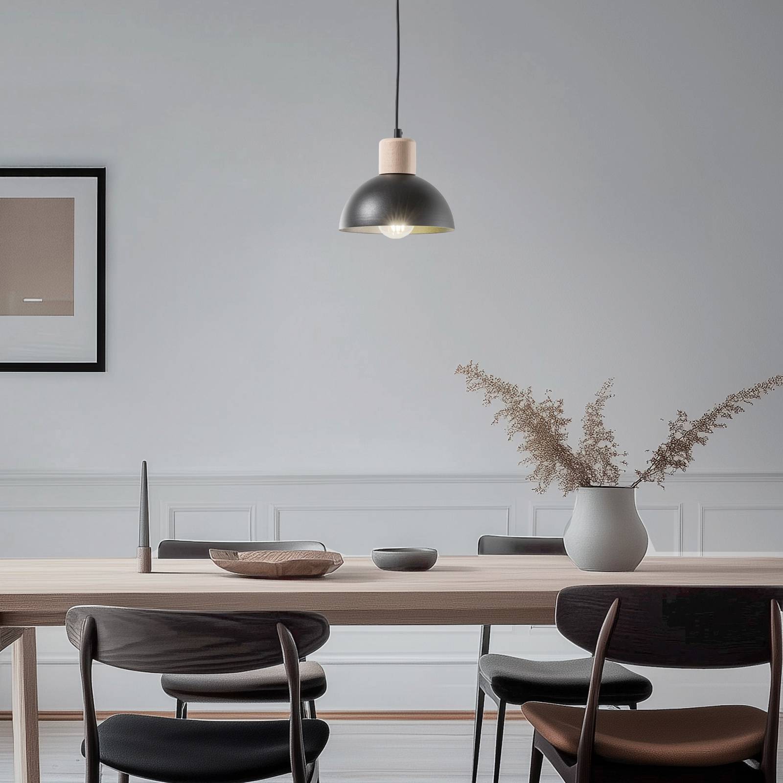 Pendellampe Seco, Ø 18 cm, schwarz, Metall/Holz günstig online kaufen