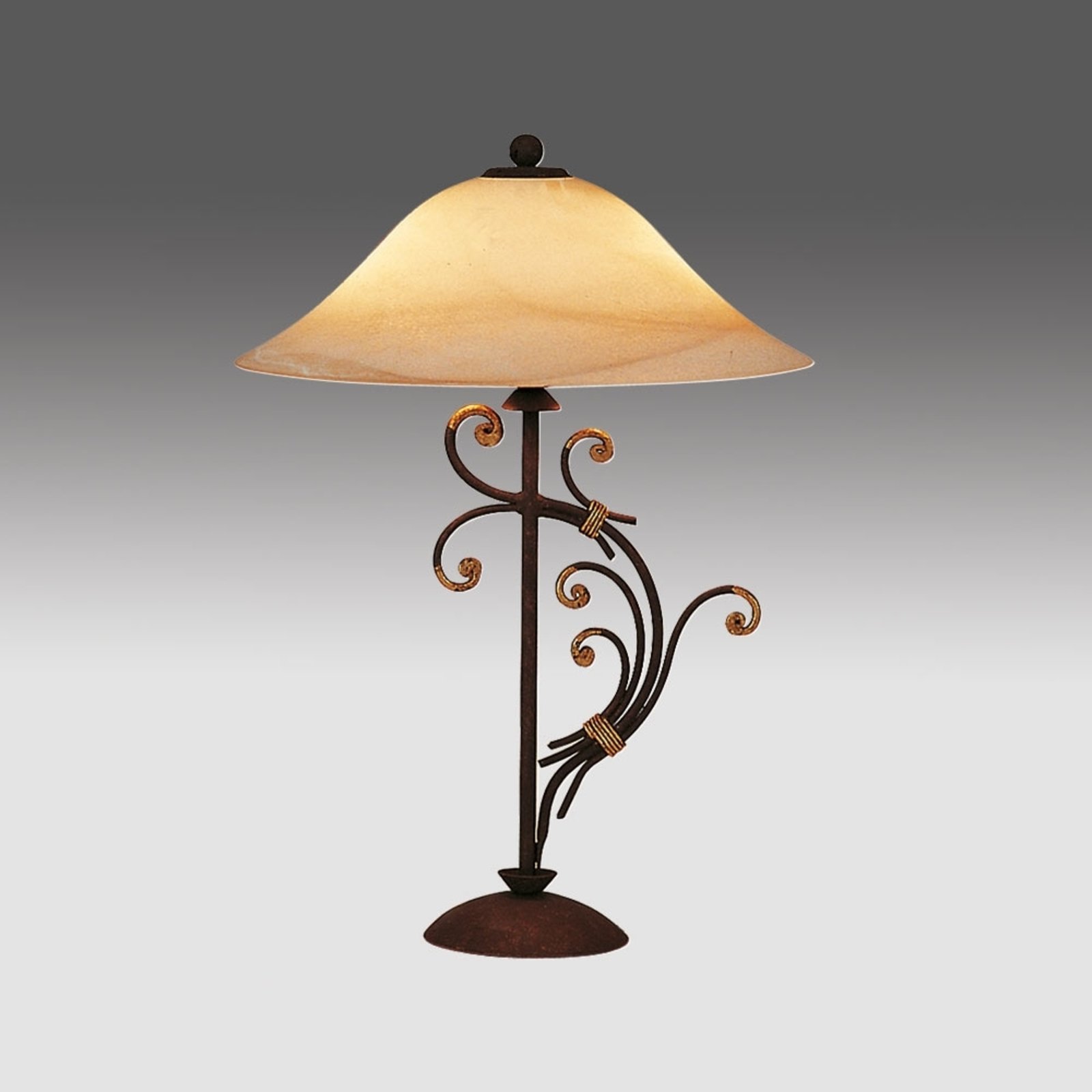 Menzel Florence table lamp in Florentine style, for Living / Dining Room, iron, scavo smoked glass, gold leaf, E27, 70 W, energy efficiency: A++, H: 58 cm