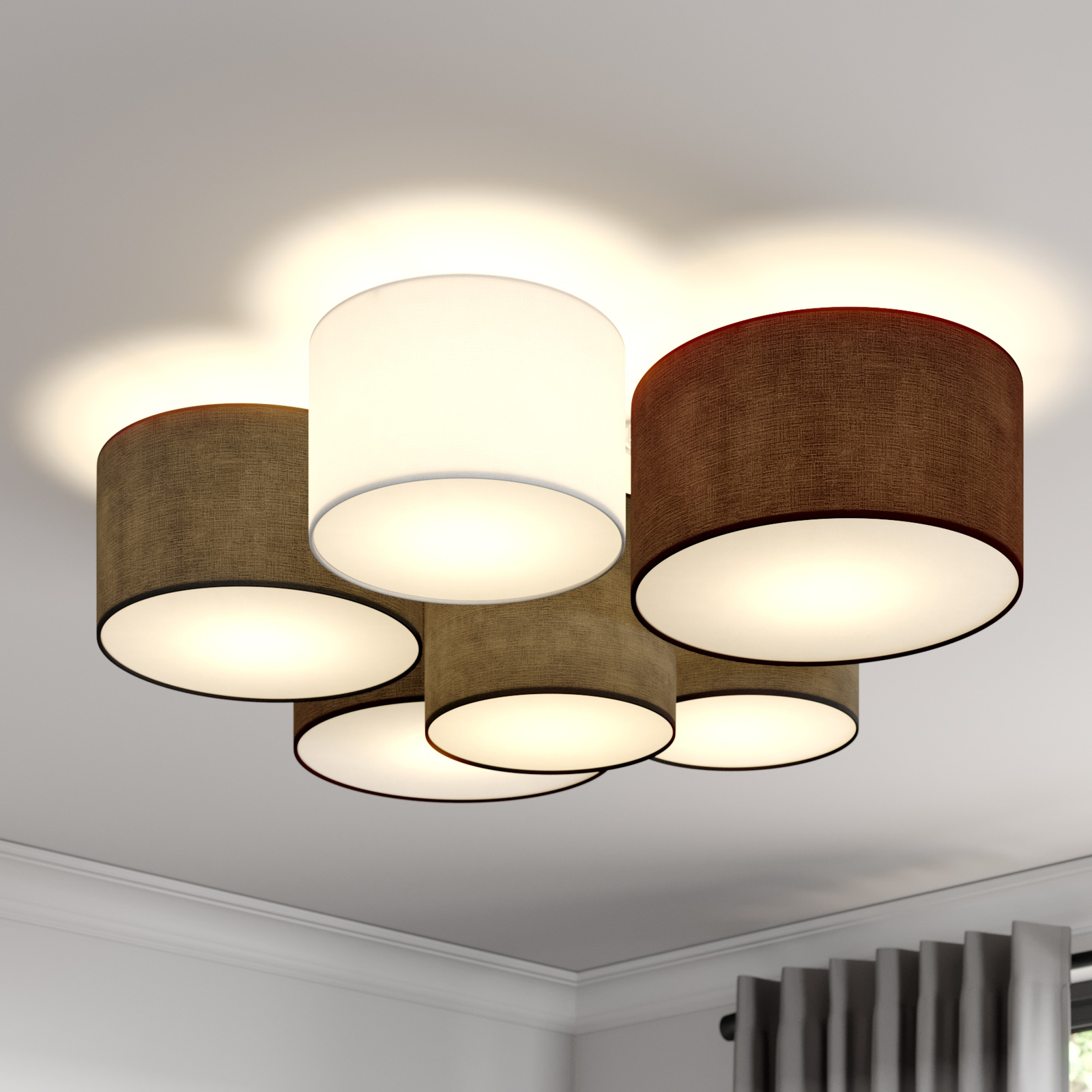 Lindby Laurenz taklampa, 6 lampor, grå, brun