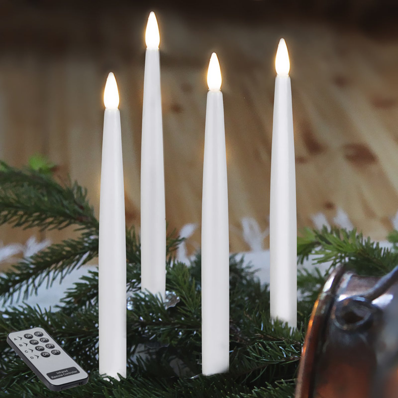 Long LED Christmas candles, set of 4, indoors