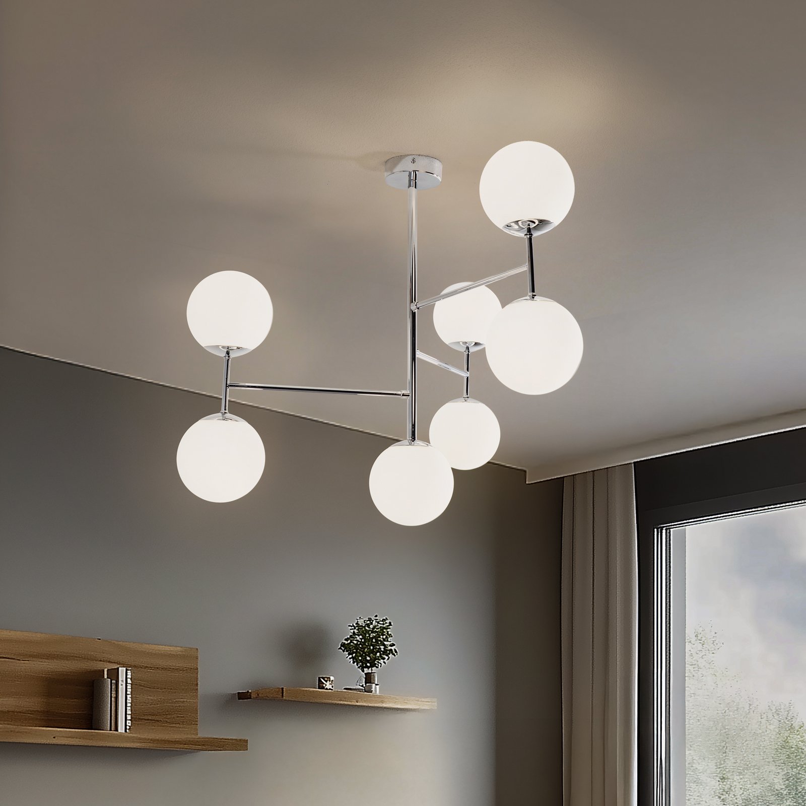 Plafonnier Korek, chrome/blanc, verre, 75 cm, à 7 lampes, E14