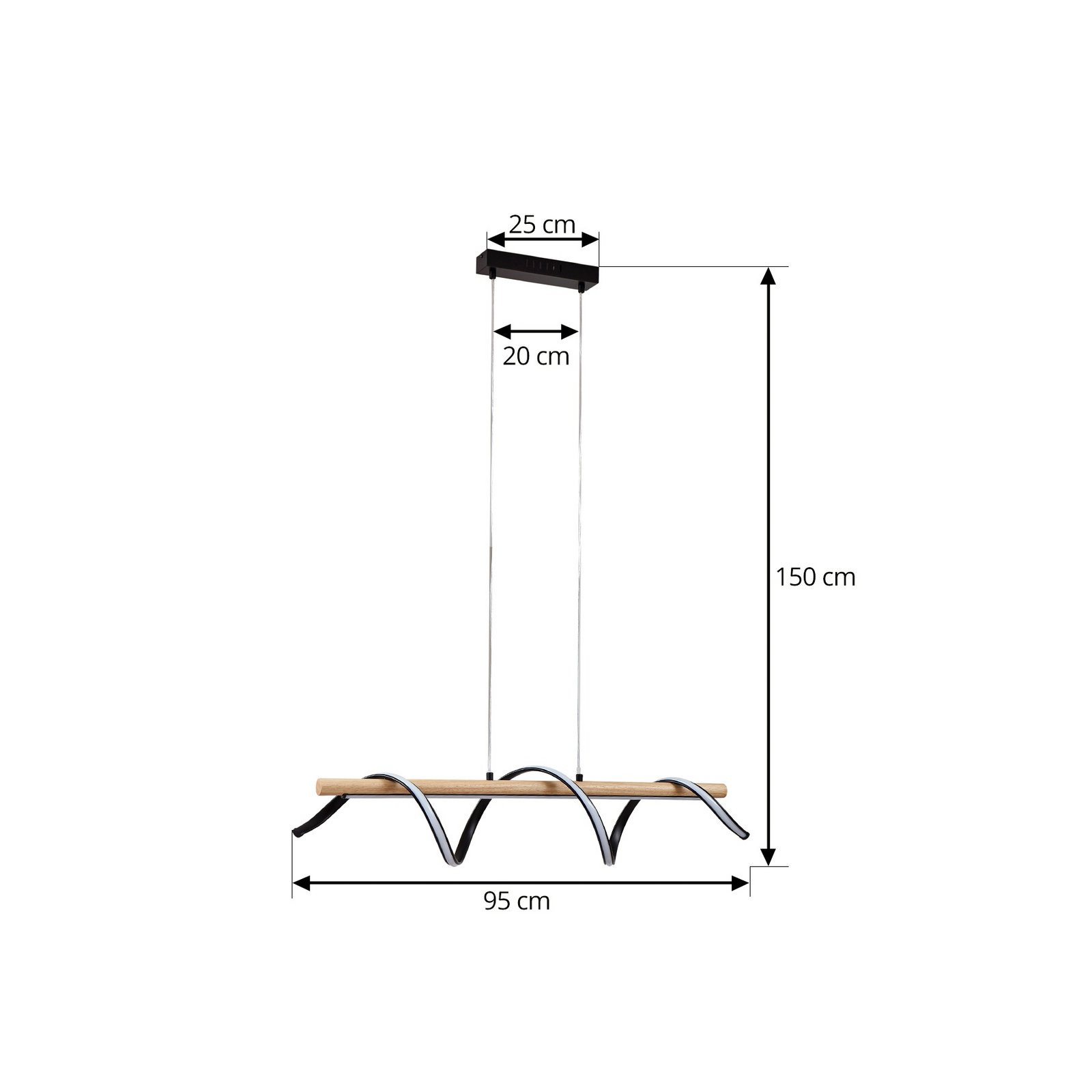 Lindby LED piekaramais gaismeklis Spiraali, melns, koks, garums 95 cm