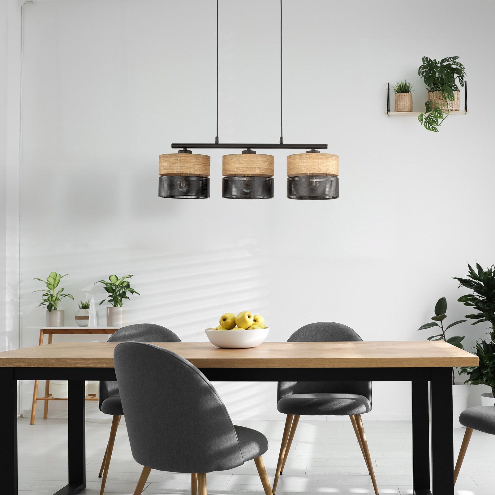 Nicol hanging light, black/wood-effect, 70x20 cm 3-bulb, 3 x E27