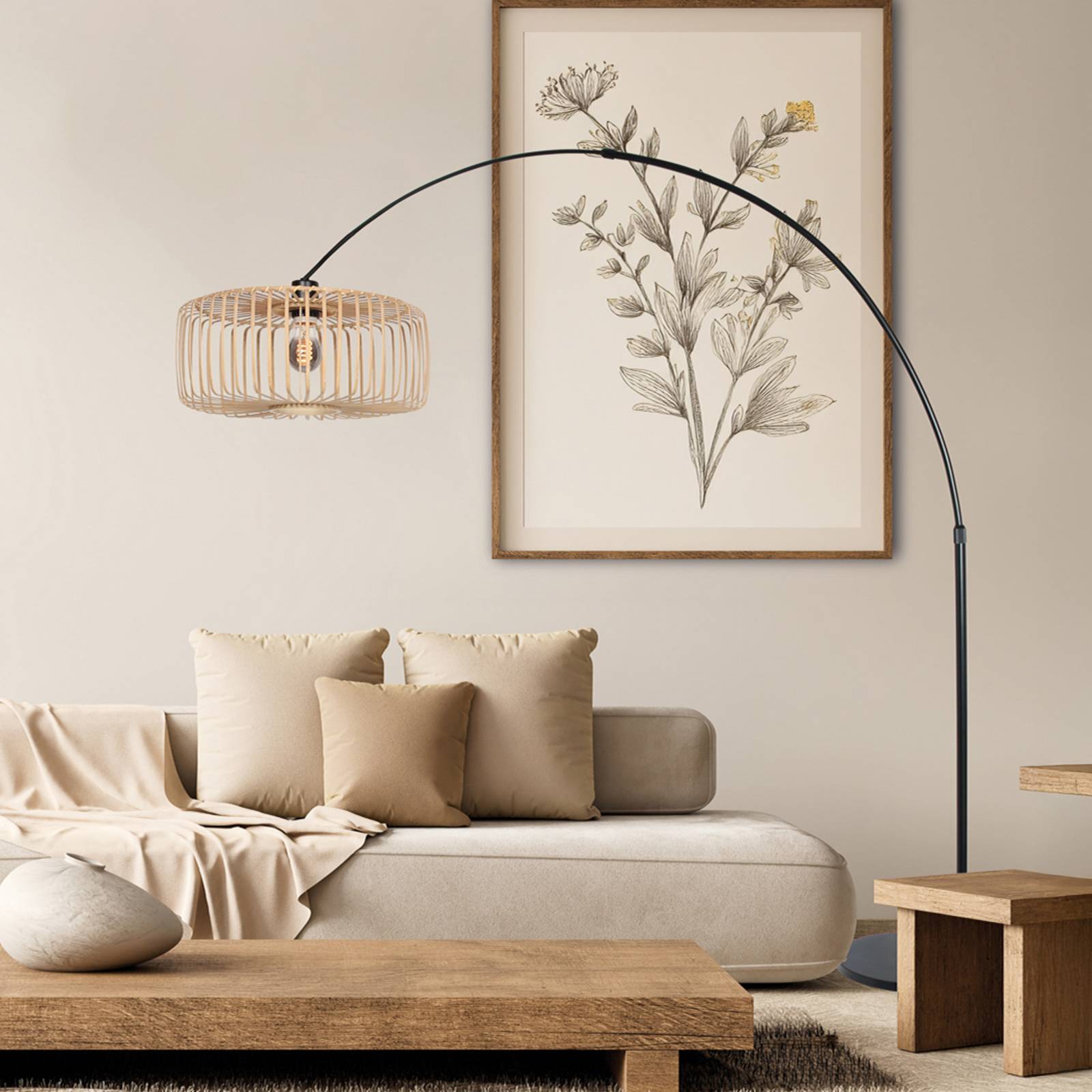 Bøyd gulvlampe Sparkled Light, svart/naturlig bambus, 240 cm