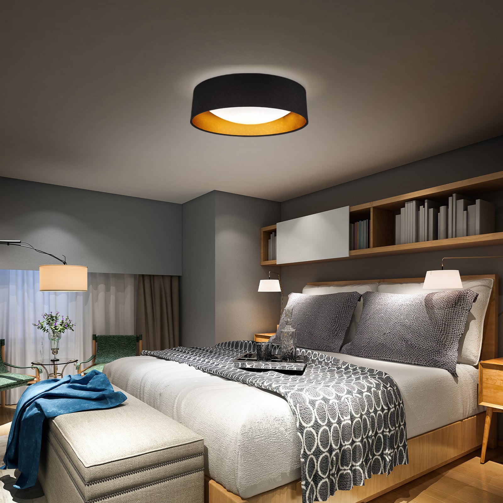 B.K. Licht Plafonieră LED Kari negru/auriu textil 4.000 K - Camera de zi / sufragerie - Modern - negru auriu - Țesătură / Textil