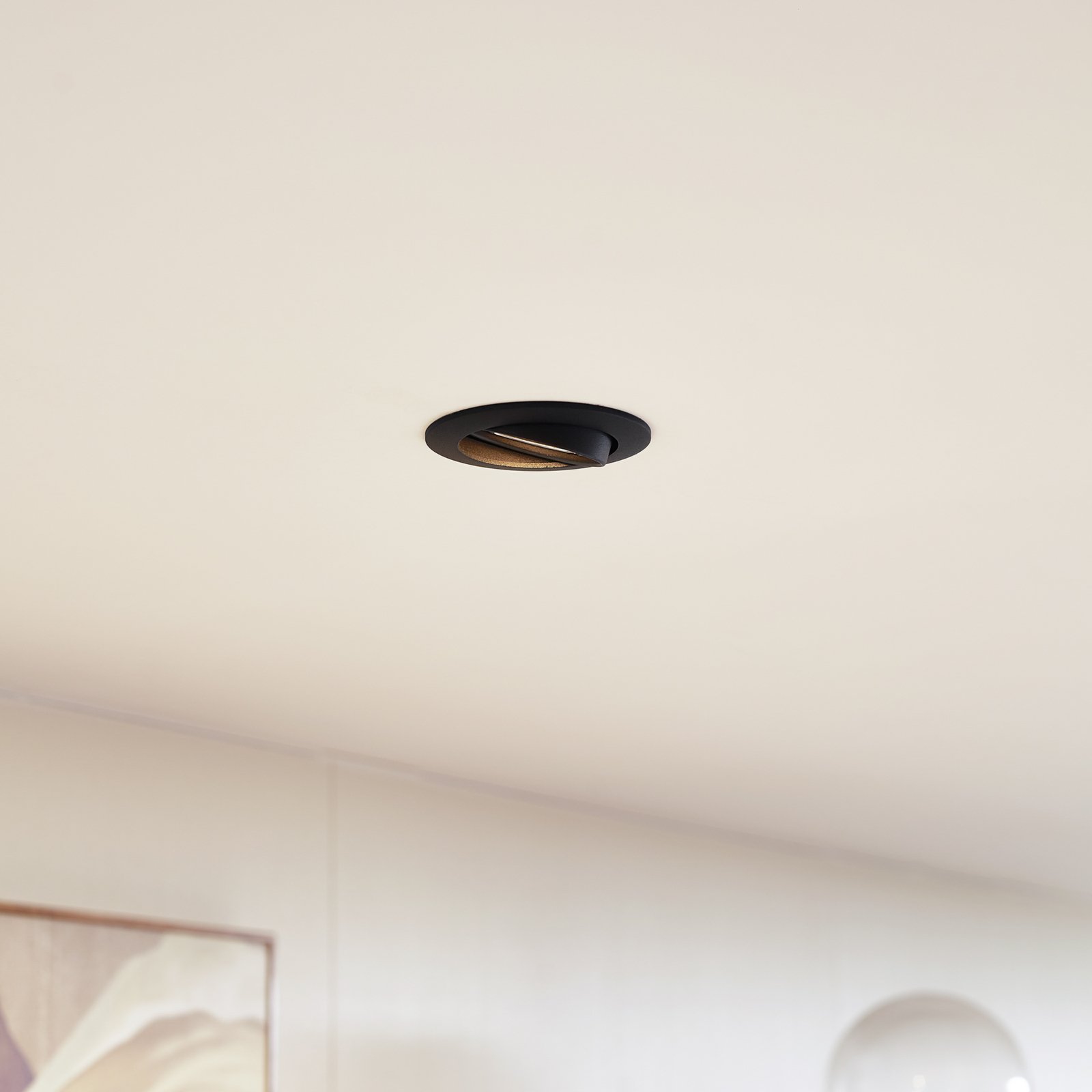 Prios recessed ceiling light Fibur, black, aluminium, Ø 8.2 cm