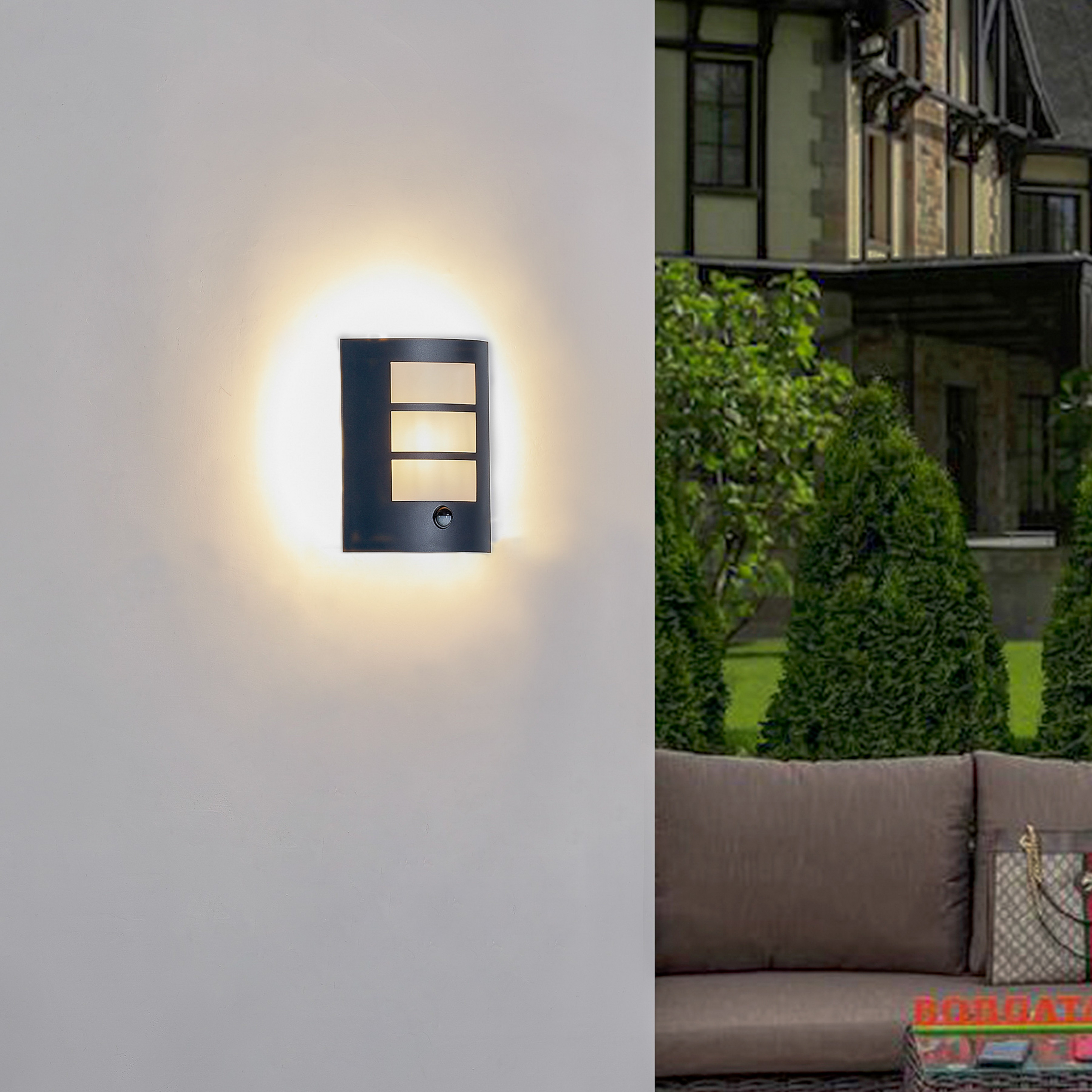 Lindby Außenwandlampe Vimal, Sensor, E27, 26 cm, Aluminium