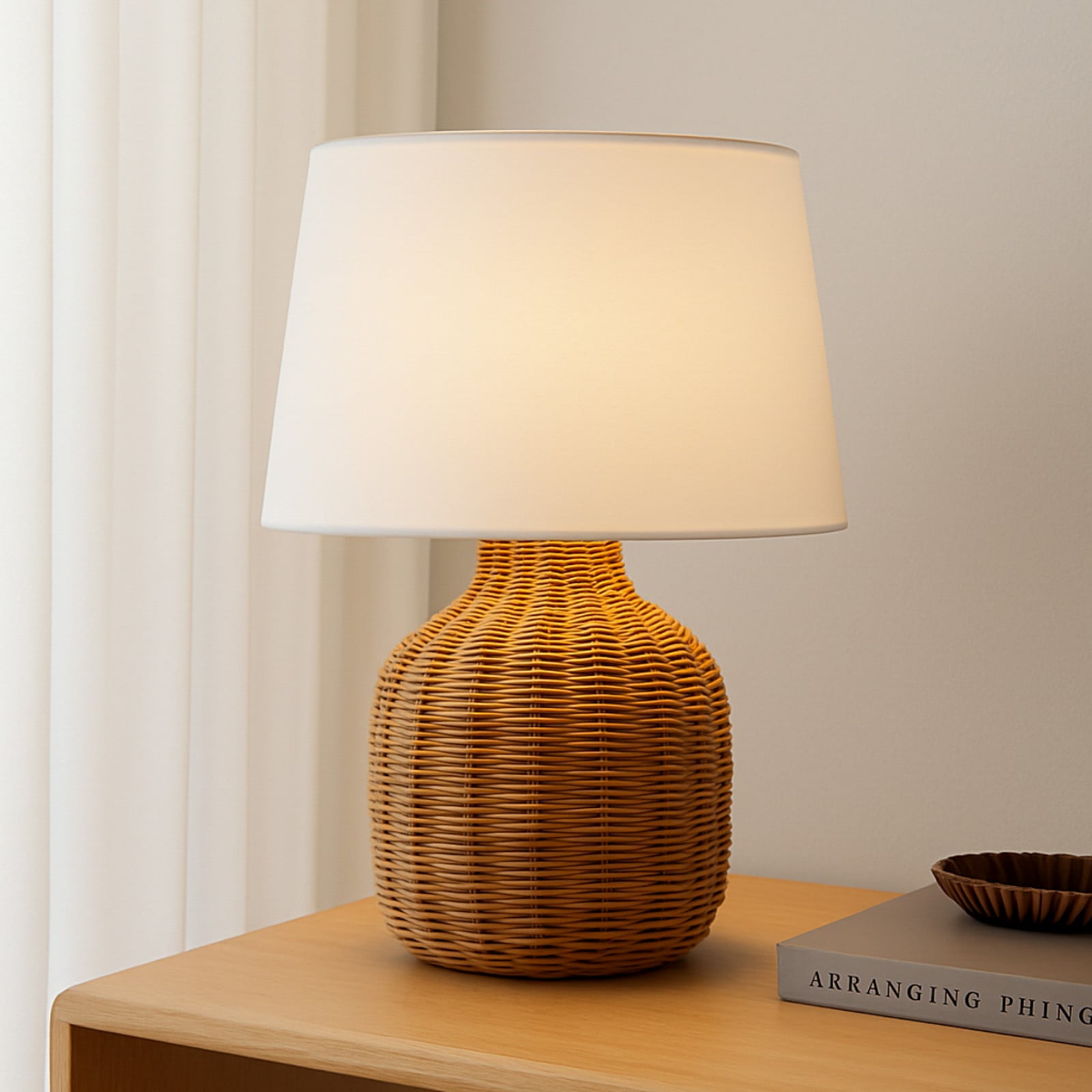 Lirenda Tischleuchte, natur/weiß, Rattan, Höhe 52 cm Lindby - Wohnzimmer - Boho - Stoff / Textil - Mit Schirm