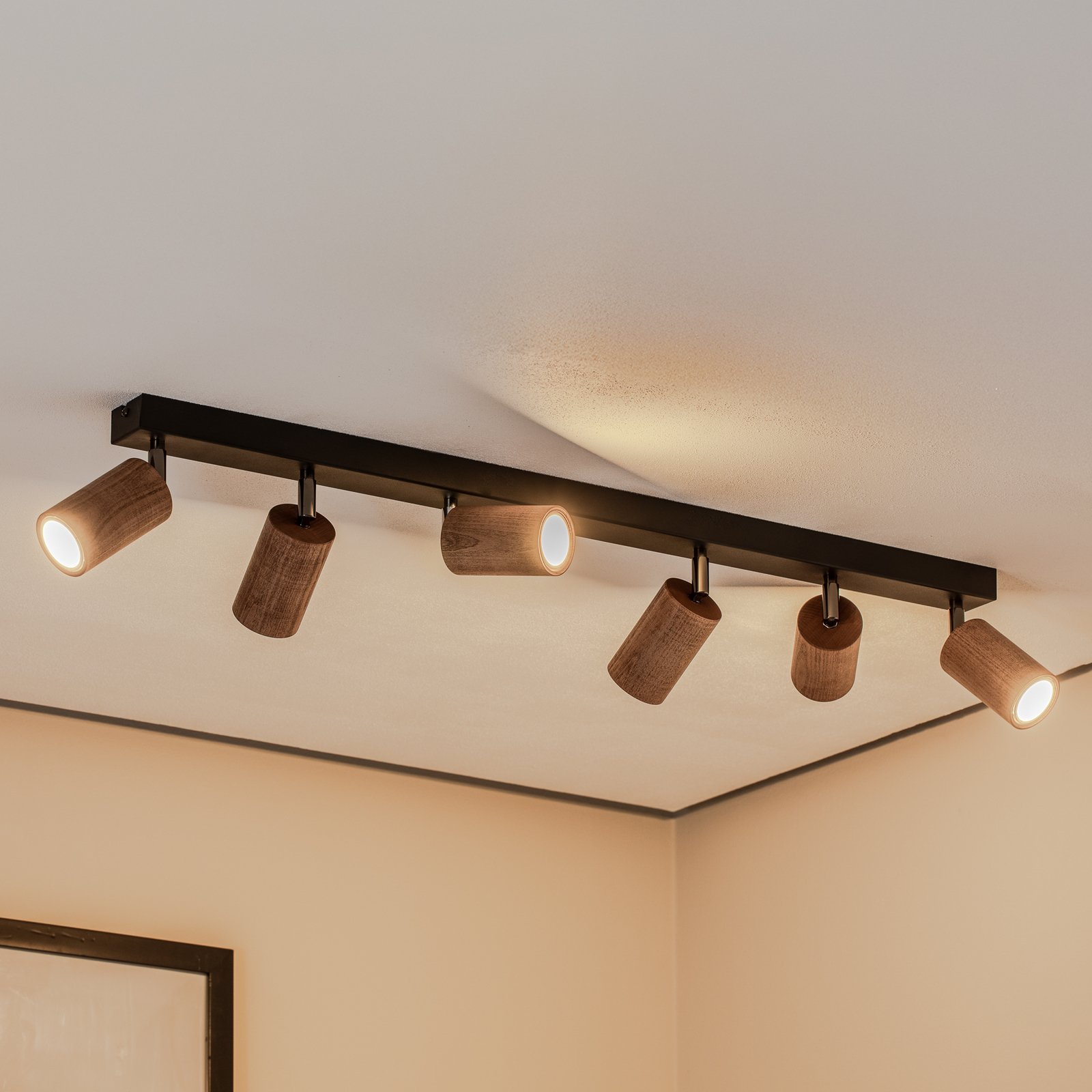 Plafón Nise, 6 luces, alargado, acero negro, madera