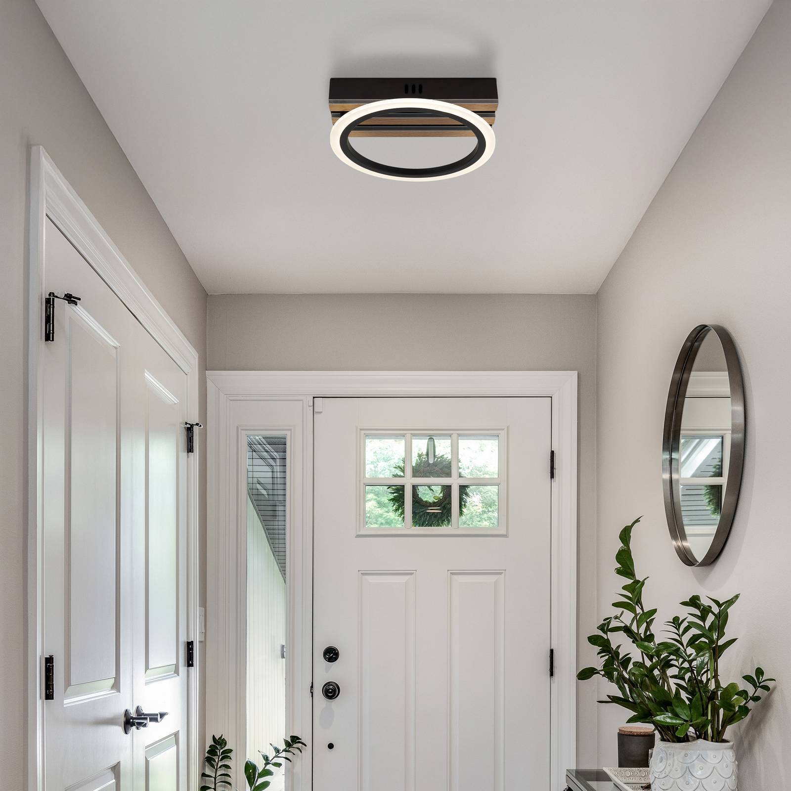 LED-Deckenleuchte Blevins, schwarz matt/holzoptik, Ø 25 cm günstig online kaufen