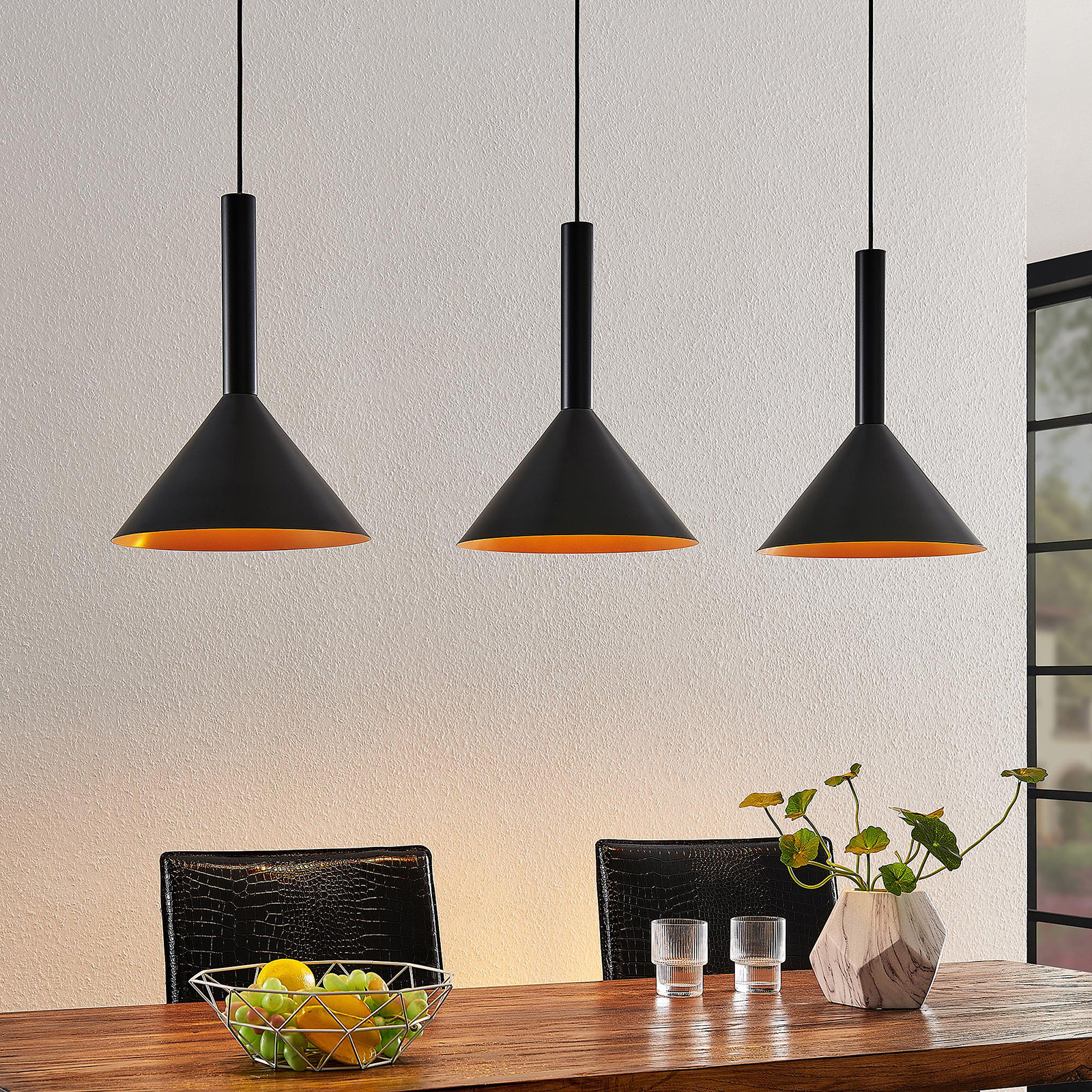 Arcchio Tadej pendant lamp, 3-bulb, black-gold, for Living / Dining Room, steel, E27, 60 W, energy efficiency: A++, L: 100 cm, W: 30 cm