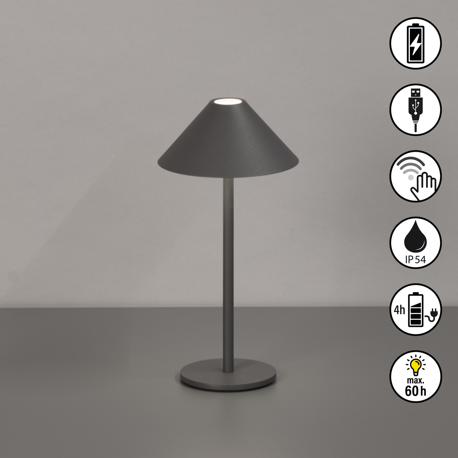 LED-Akku-Tischlampe Prato, sandgrau, Höhe 25 cm Metall, IP54