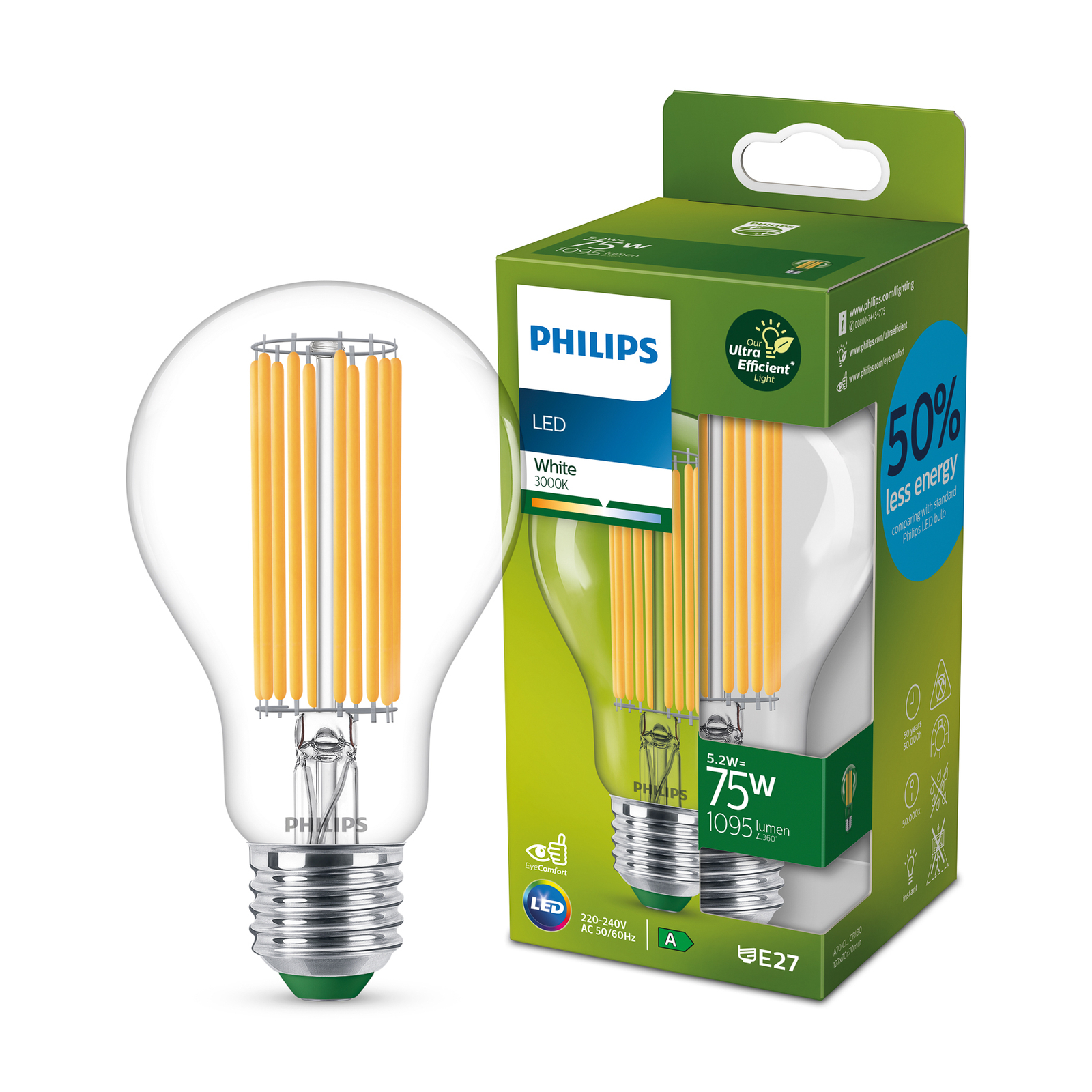 Philips LED bulb E27 A70 5.2W 1,095lm clear 3,000K
