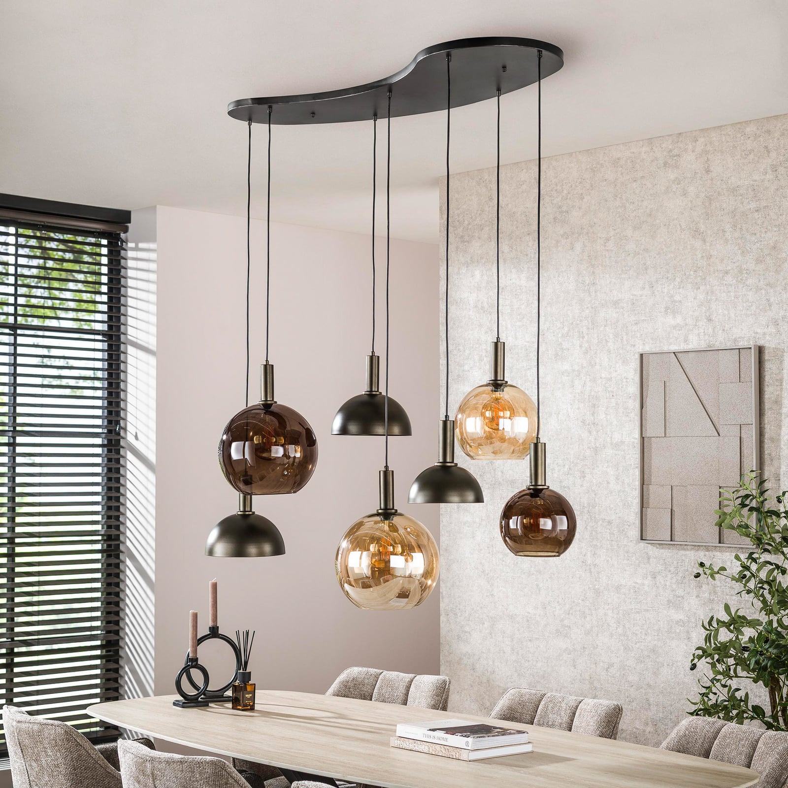 Pendelleuchte Cluster, amber/grau, Glas/Metall, 7-flg., E27 Pendelleuchte Cluster, amber/grau, Glas/Metall, 7-flg., E27