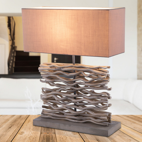 Jamie - graue Tischlampe mit Holzfuß und Holzdeko