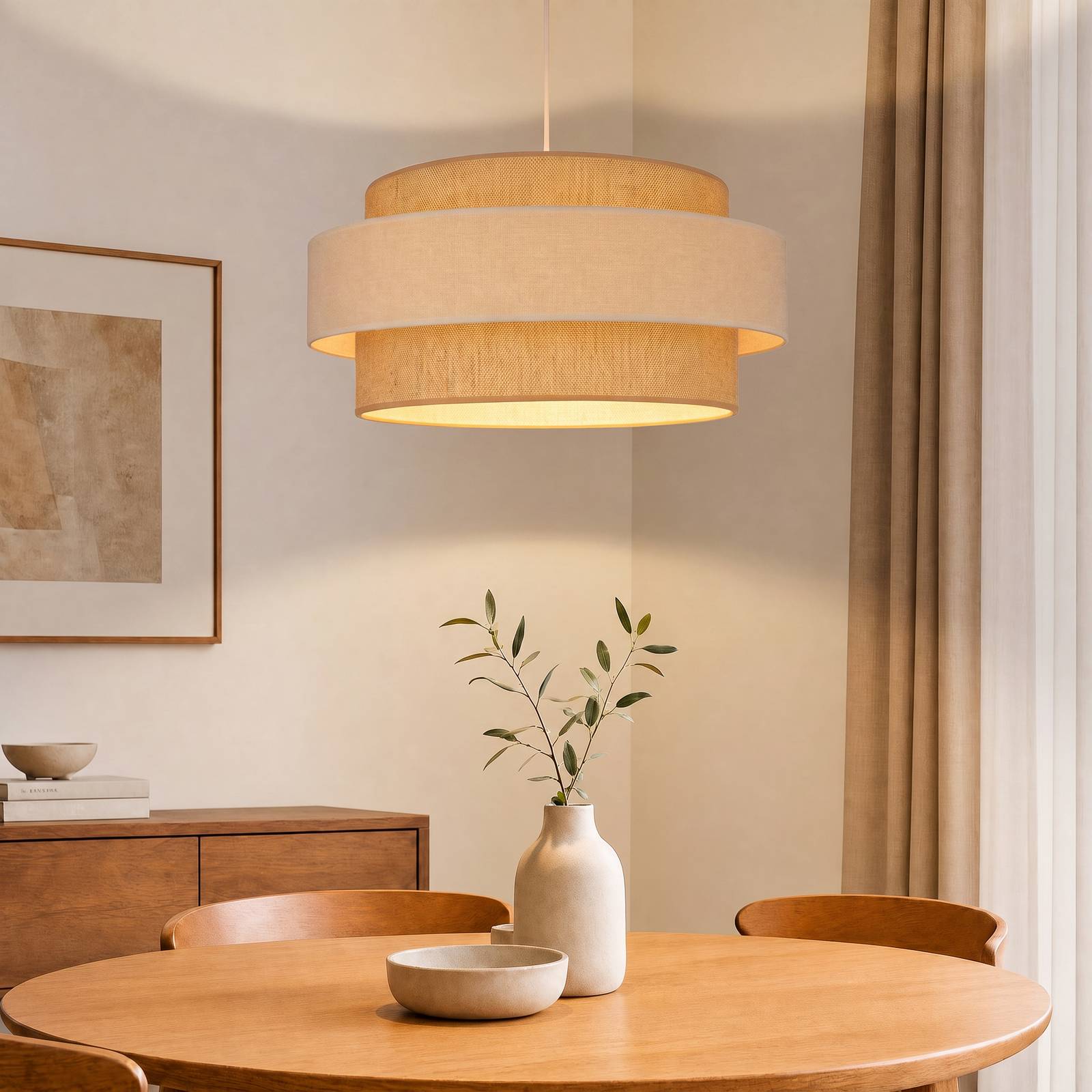 Lampa wisząca Space, beżowo-kremowa, 1-punktowa, z abażurem tekstylnym, E27