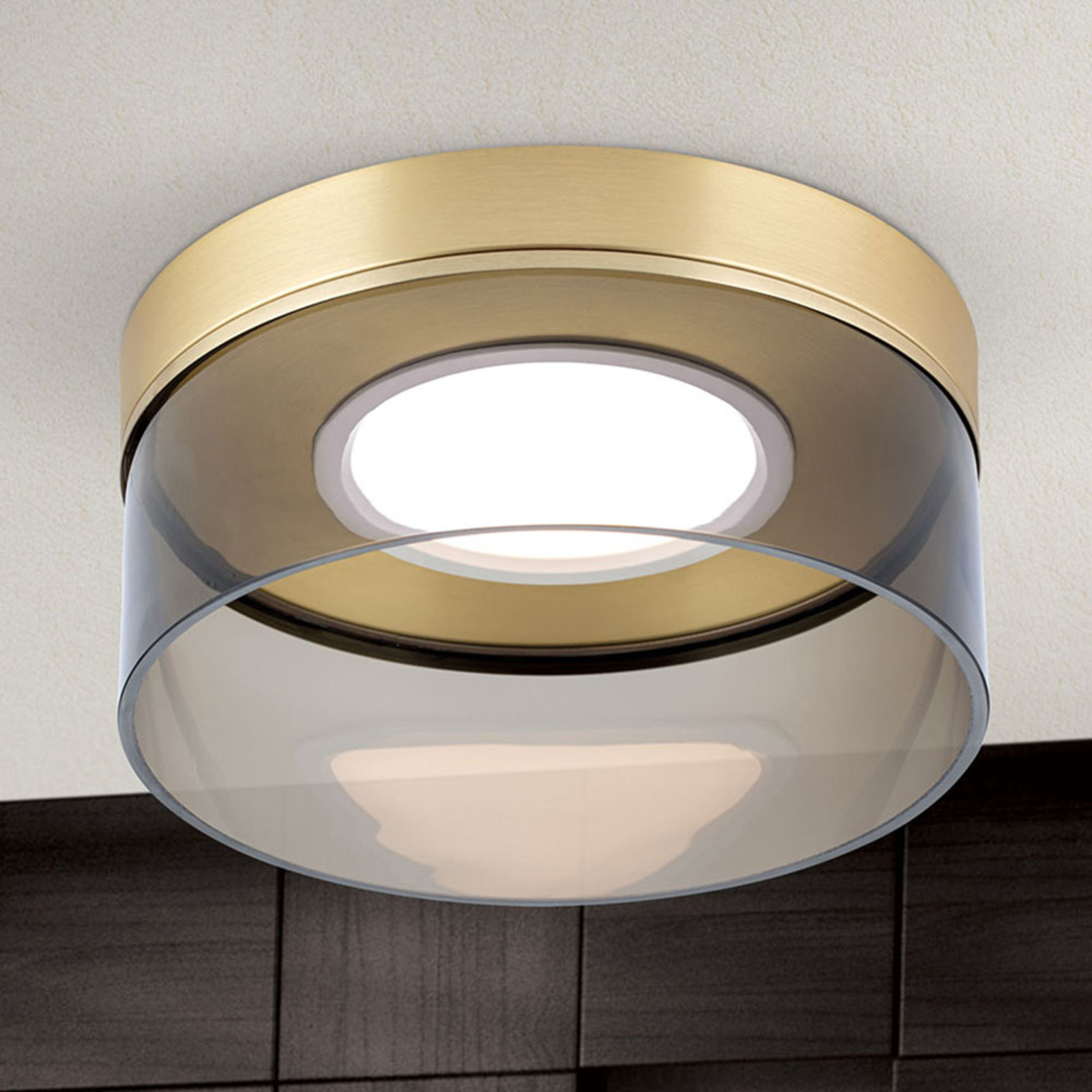 Orion Francis LED ceiling light, matt brass, Ø 30 cm, for Living / Dining Room, iron, smoked glass, 24 W, energy efficiency: A, H: 14 cm