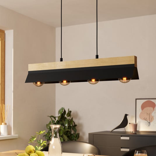 Hängelampe Tarrafo schwarz, holz natur, 4-flammig
