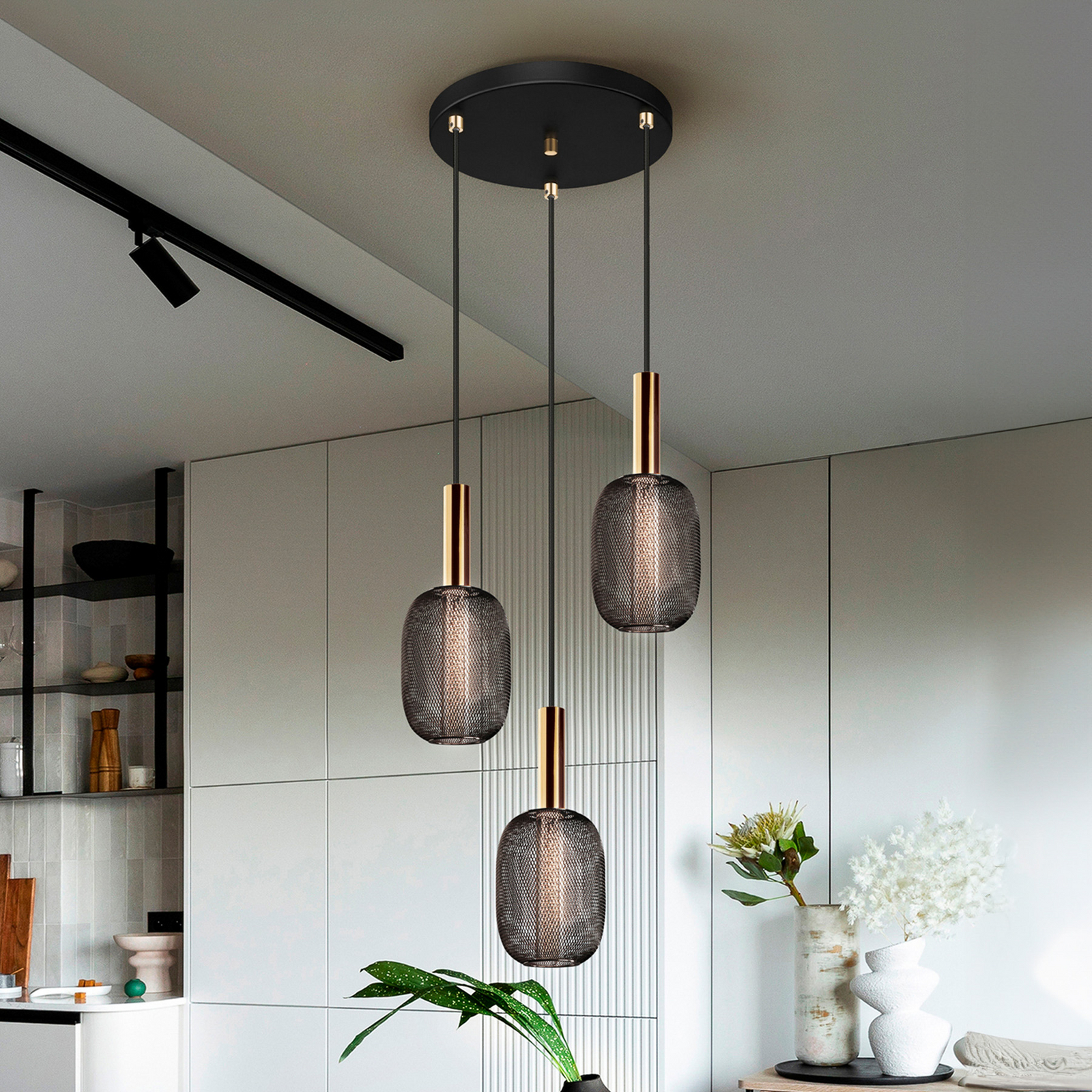Micron LED pendant light, 3-bulb, black, gold