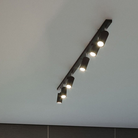 Plafondspot Round in zwart, 6-lamps lineair