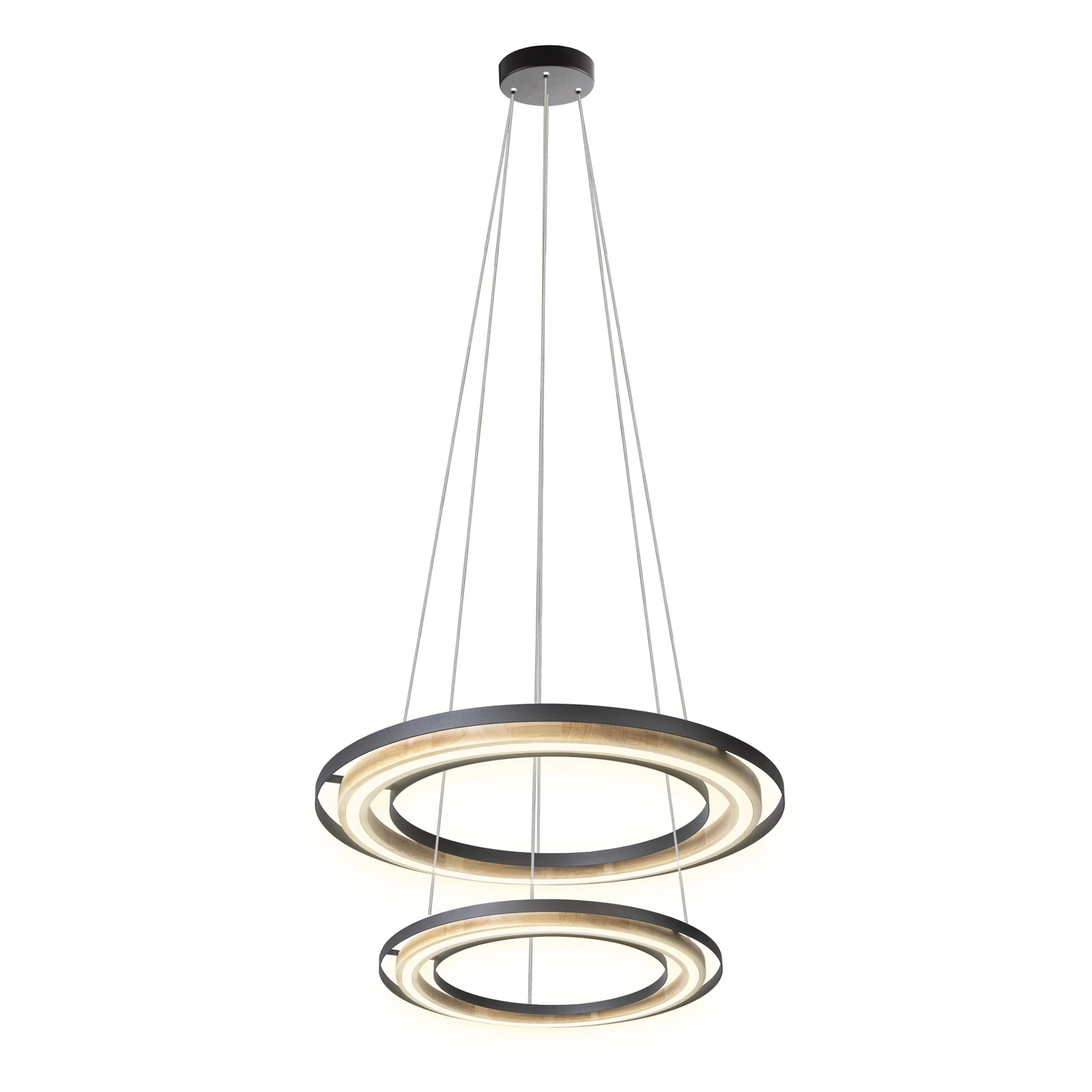 LED-hänglampa Rilas, svart/trä, Ø 57 cm, dimbar