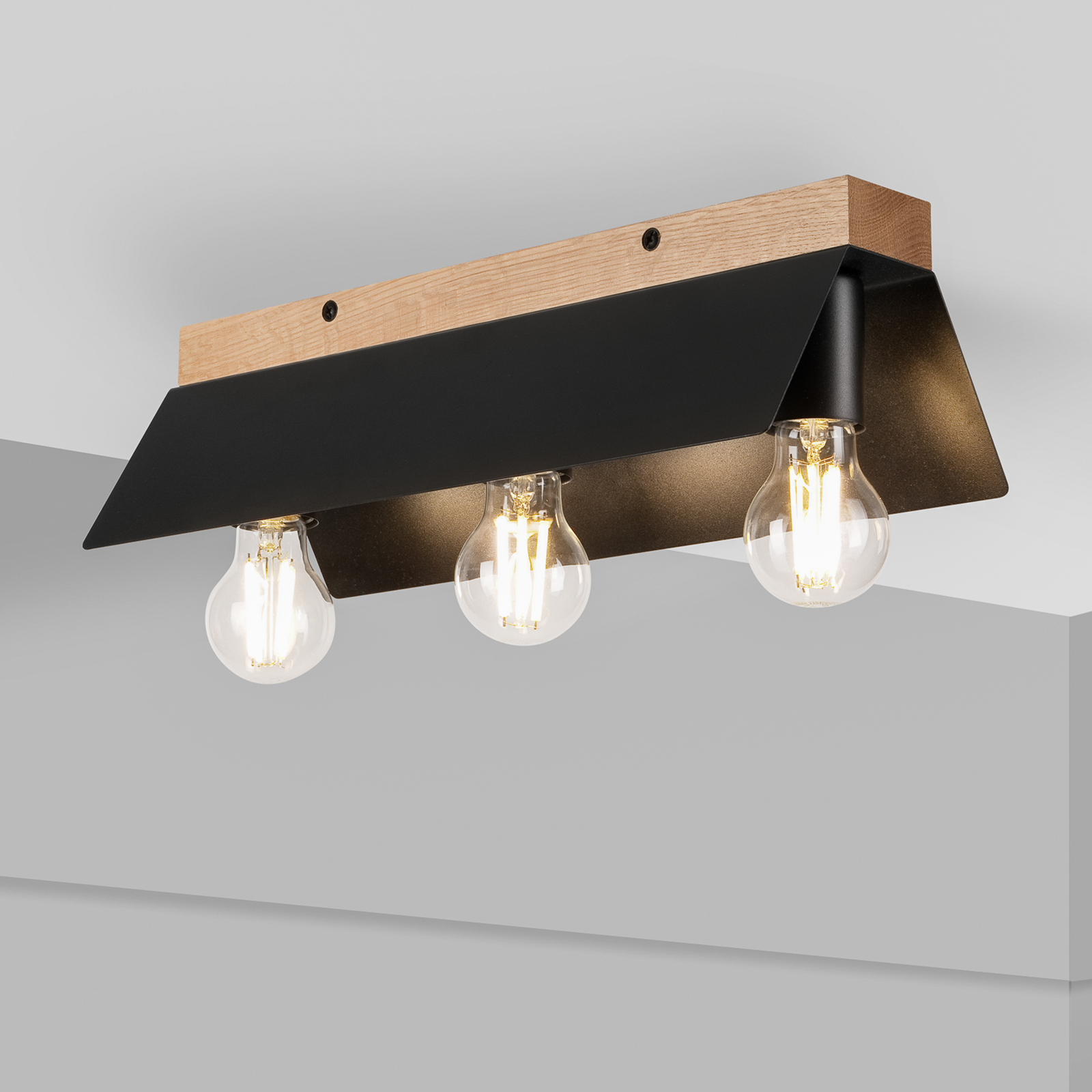 Lámpara de techo Esme, negra, longitud 40 cm, metal/madera, 3 luces.