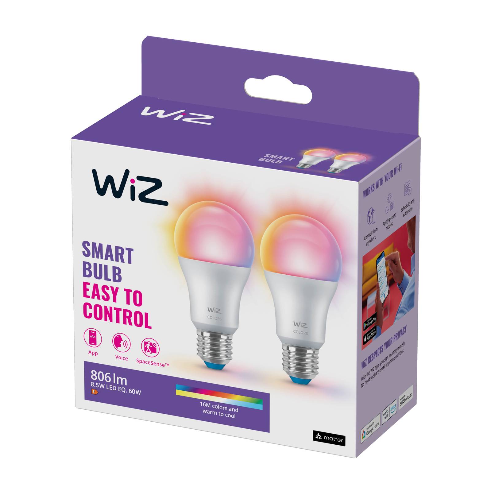 WiZ A60 LED-lampa matt WiFi E27 8,5W RGBW 2-pack