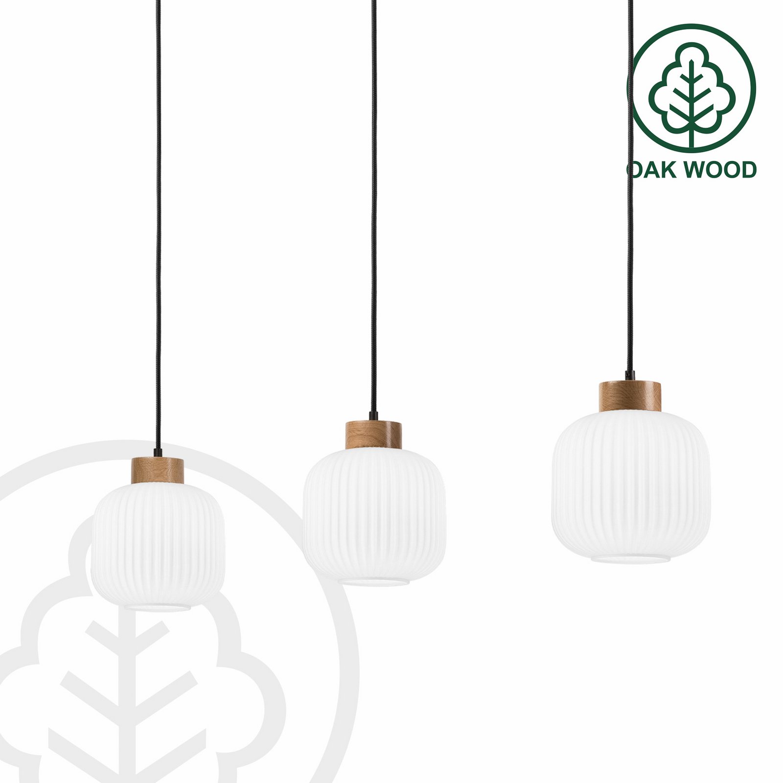 Harmony hanging light, length 110 cm, opal glass, oak, 3-bulb.