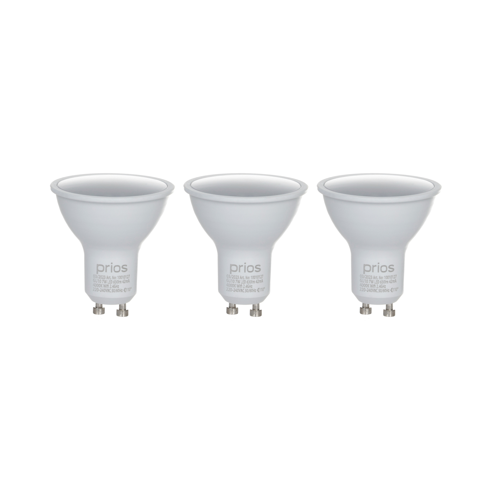 Prios Smart LED, sæt med 3, GU10, plast, 7W, opal, 840, Tuya