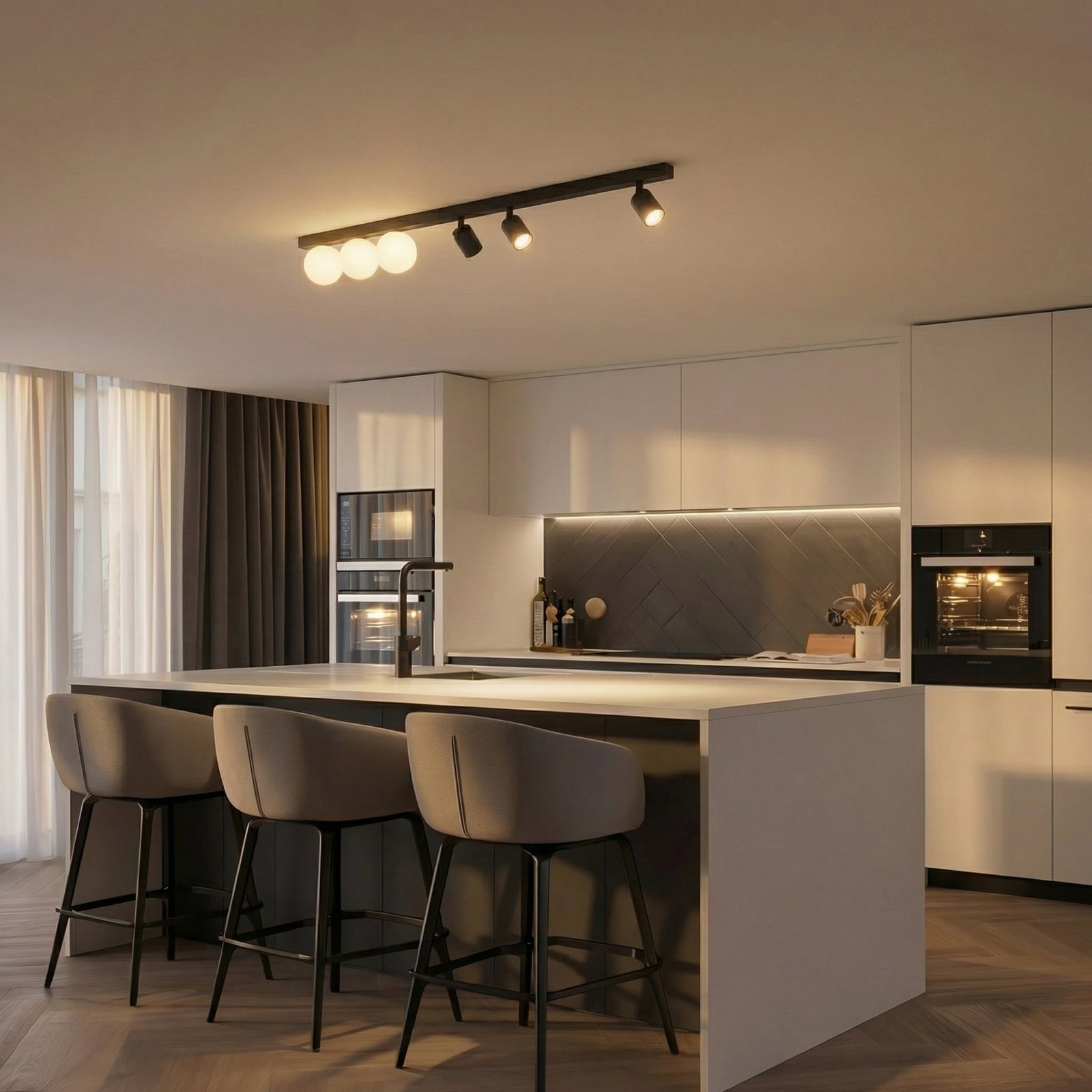 Plafondlamp Vox, 6-lamps, glas, zwart, lengte 159 cm