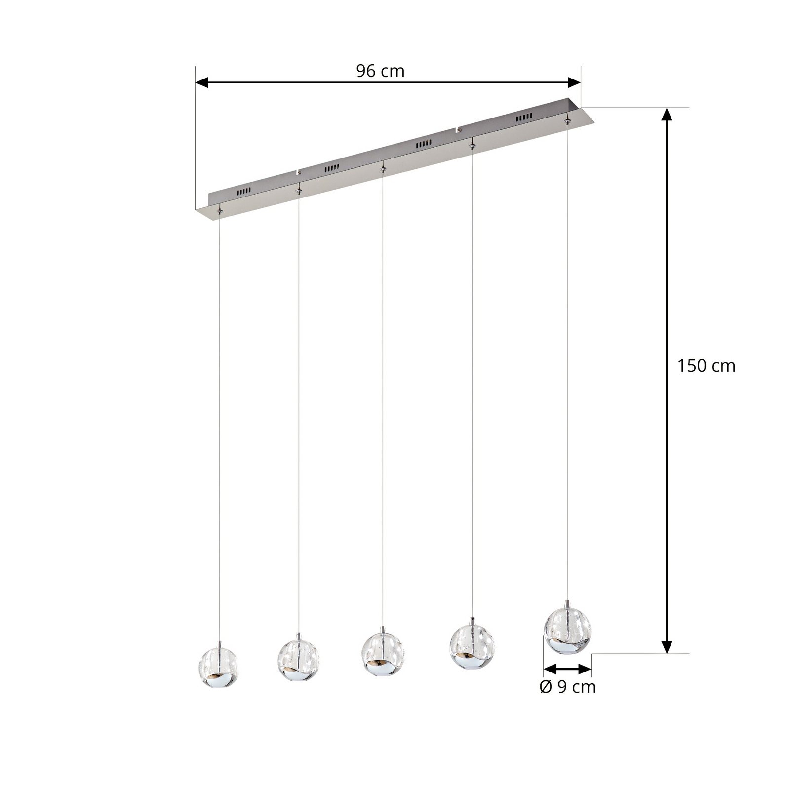 Lucande LED hanglamp Hayley, 96 cm, 5-lamps, chroom, glas
