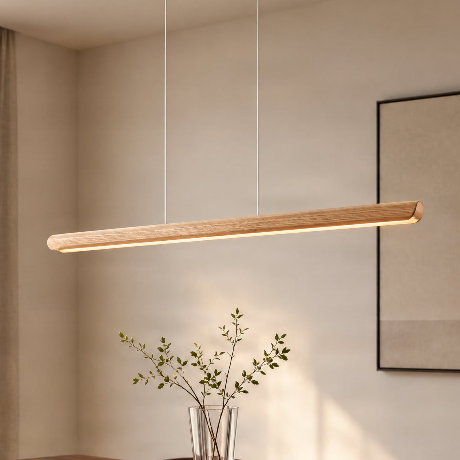 Callahan LED hanging light, light-coloured wood, length 115 cm - Lucande Callahan LED hanging light, light-coloured wood, length 115 cm - Lucande