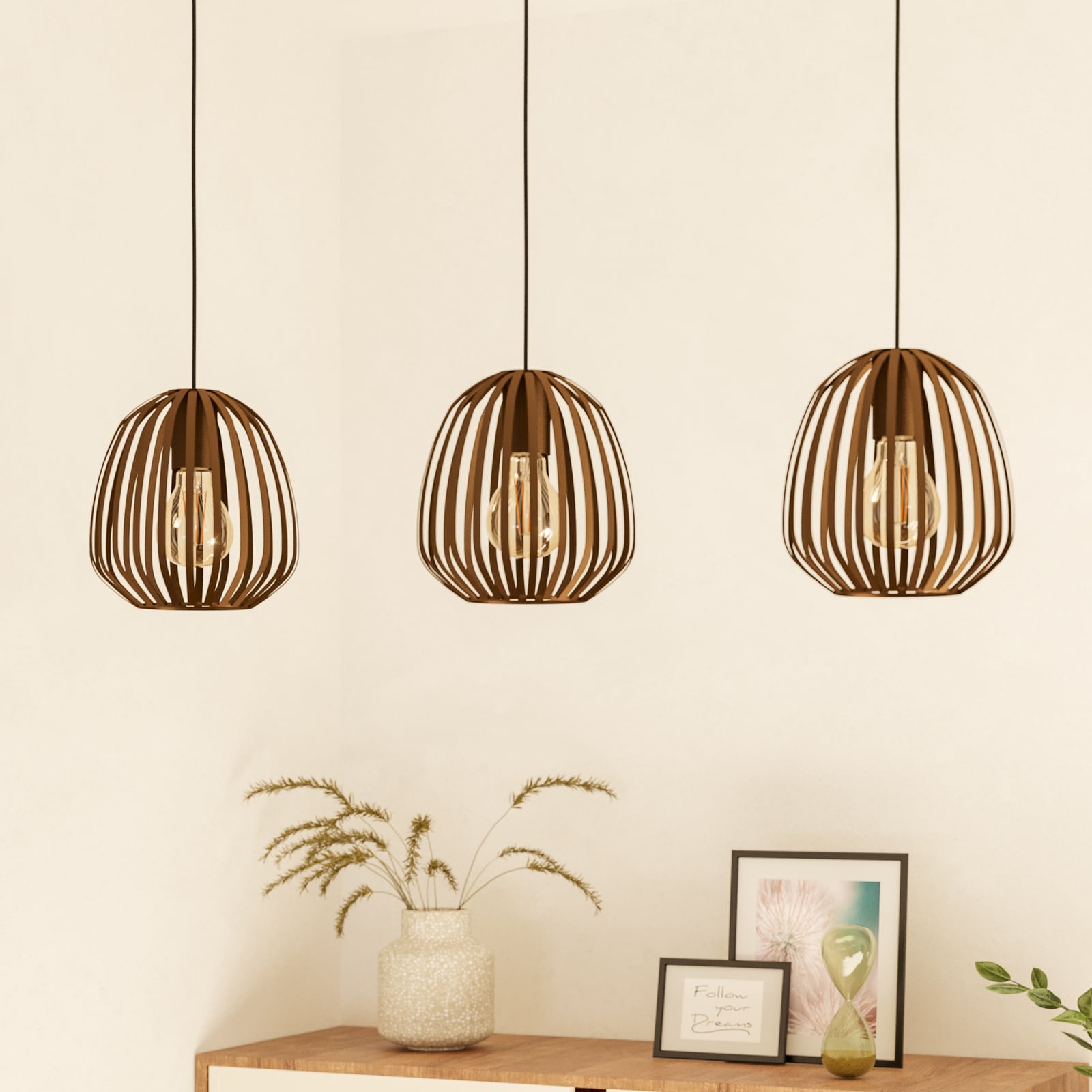 Espinal pendant light, brushed bronze, length 90 cm, 3-bulb.