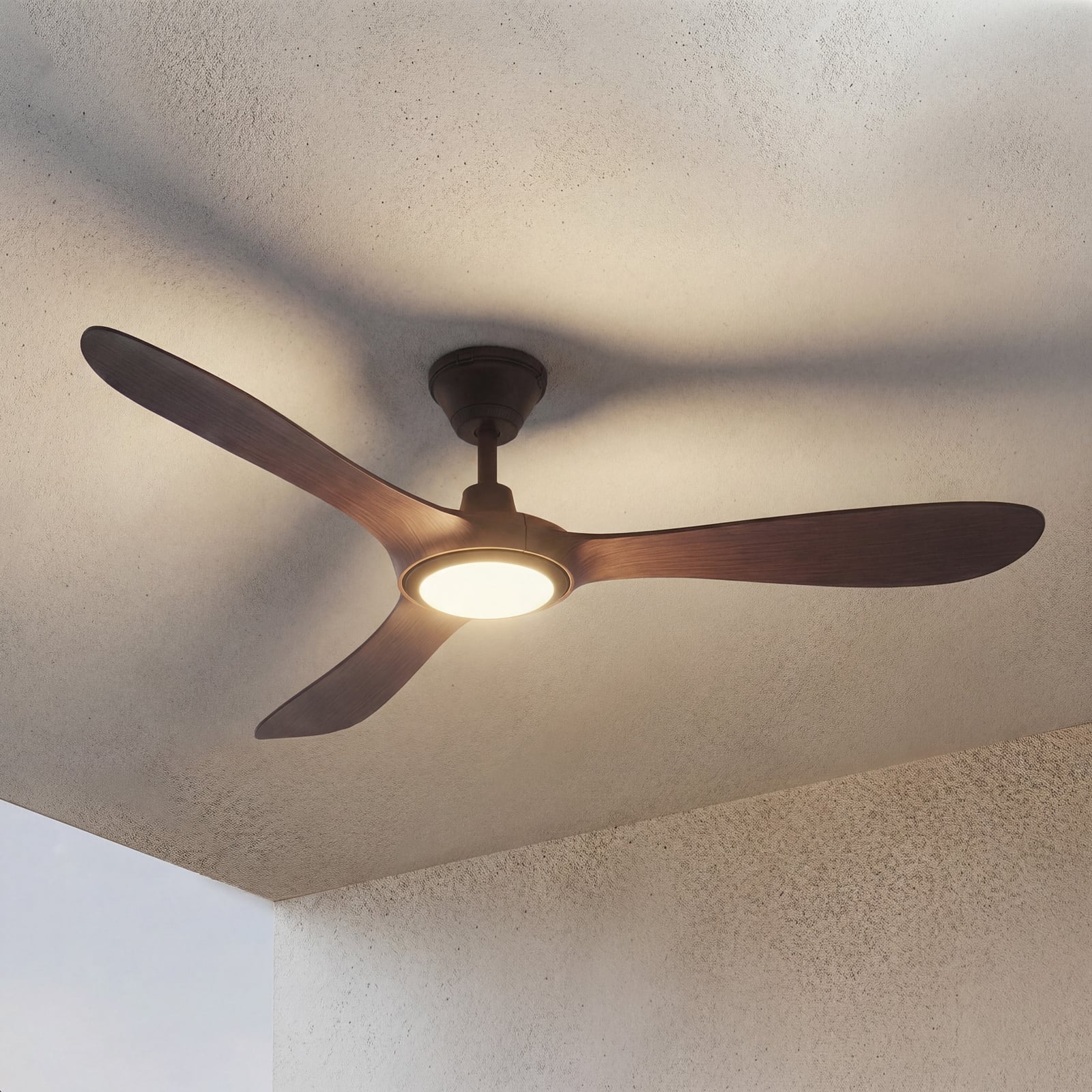 Lucande Winrod LED ceiling fan, dark wood, IP66, dimmable