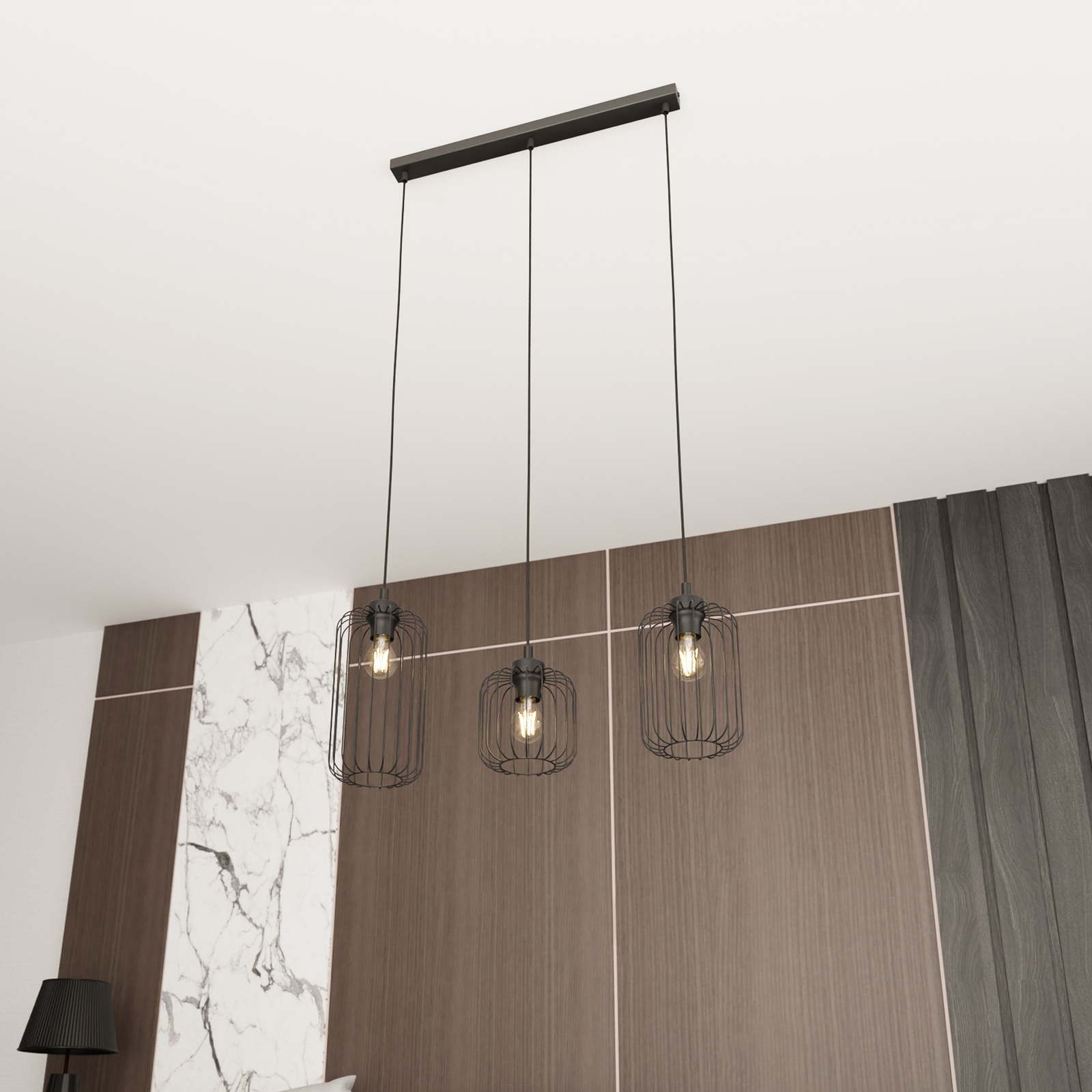 Suspension Vander, 3 lampes, 60 cm, noir, métal, E27