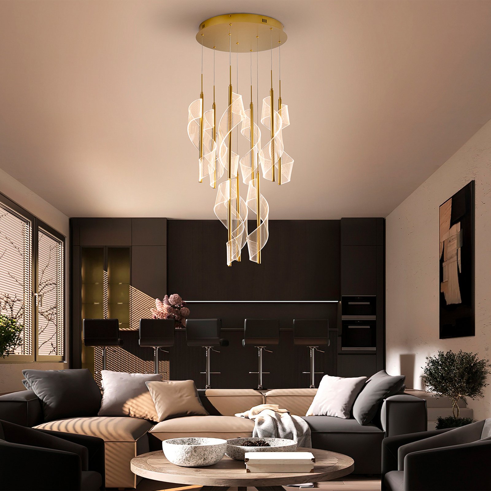 Velas 9-bulb LED pendant light, gold-coloured, metal, plastic