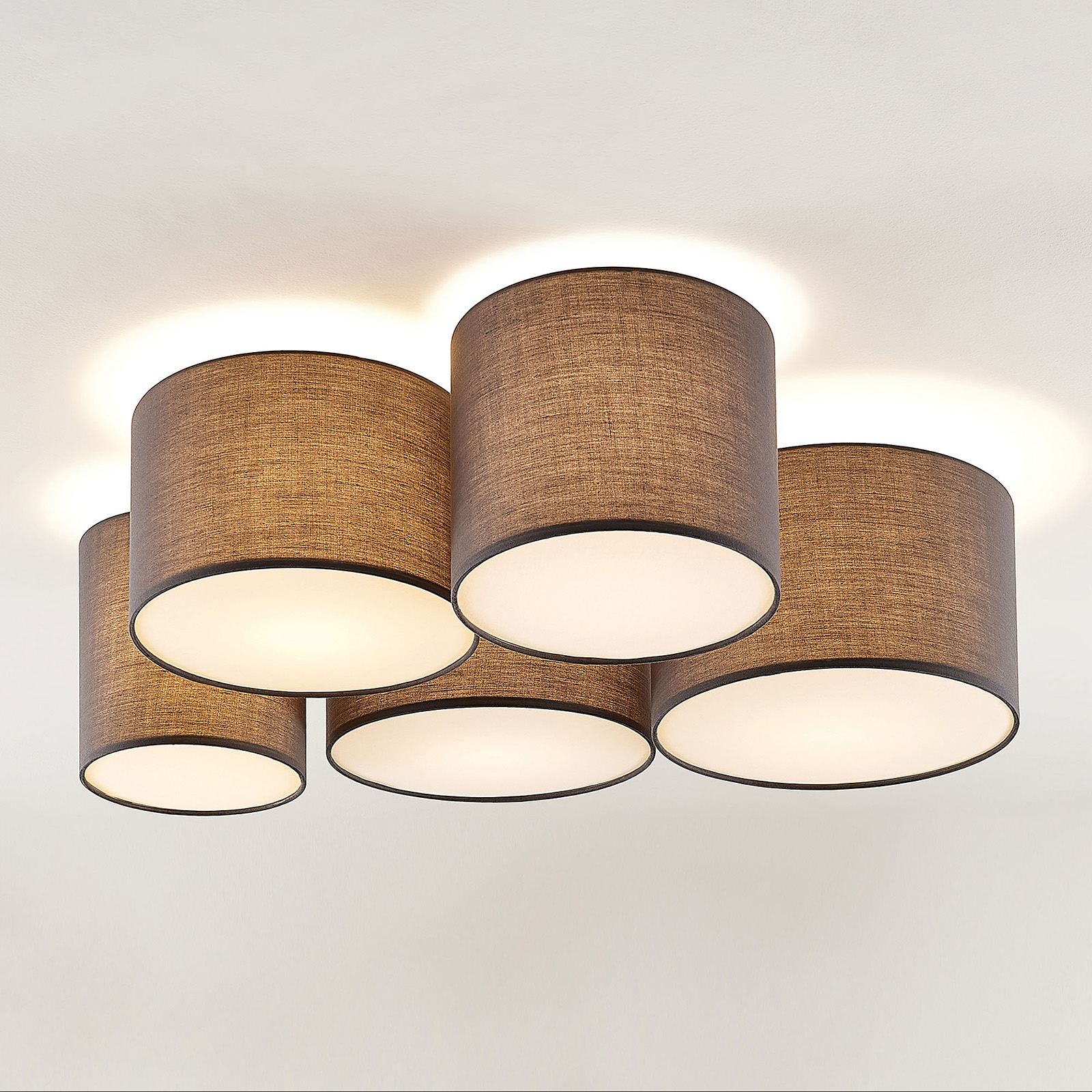 Lindby Laurenz ceiling lamp, 5-bulb, 83 cm, grey, for Living / Dining Room, fabric, metal, E27, 60 W, energy efficiency: A++, H: 25.5 cm